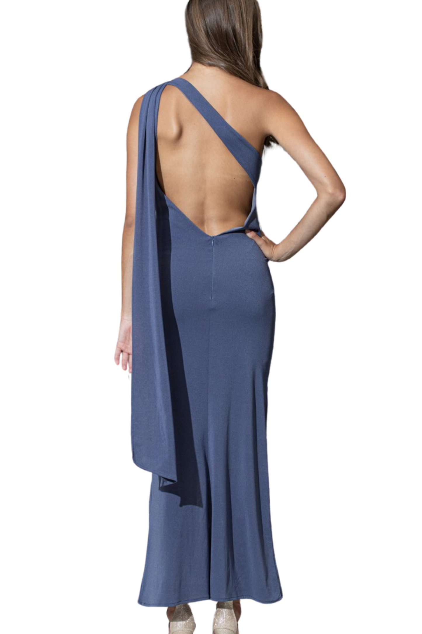 One Shoulder Ruched Maxi Dress with Side Slit and Shoulder Draping