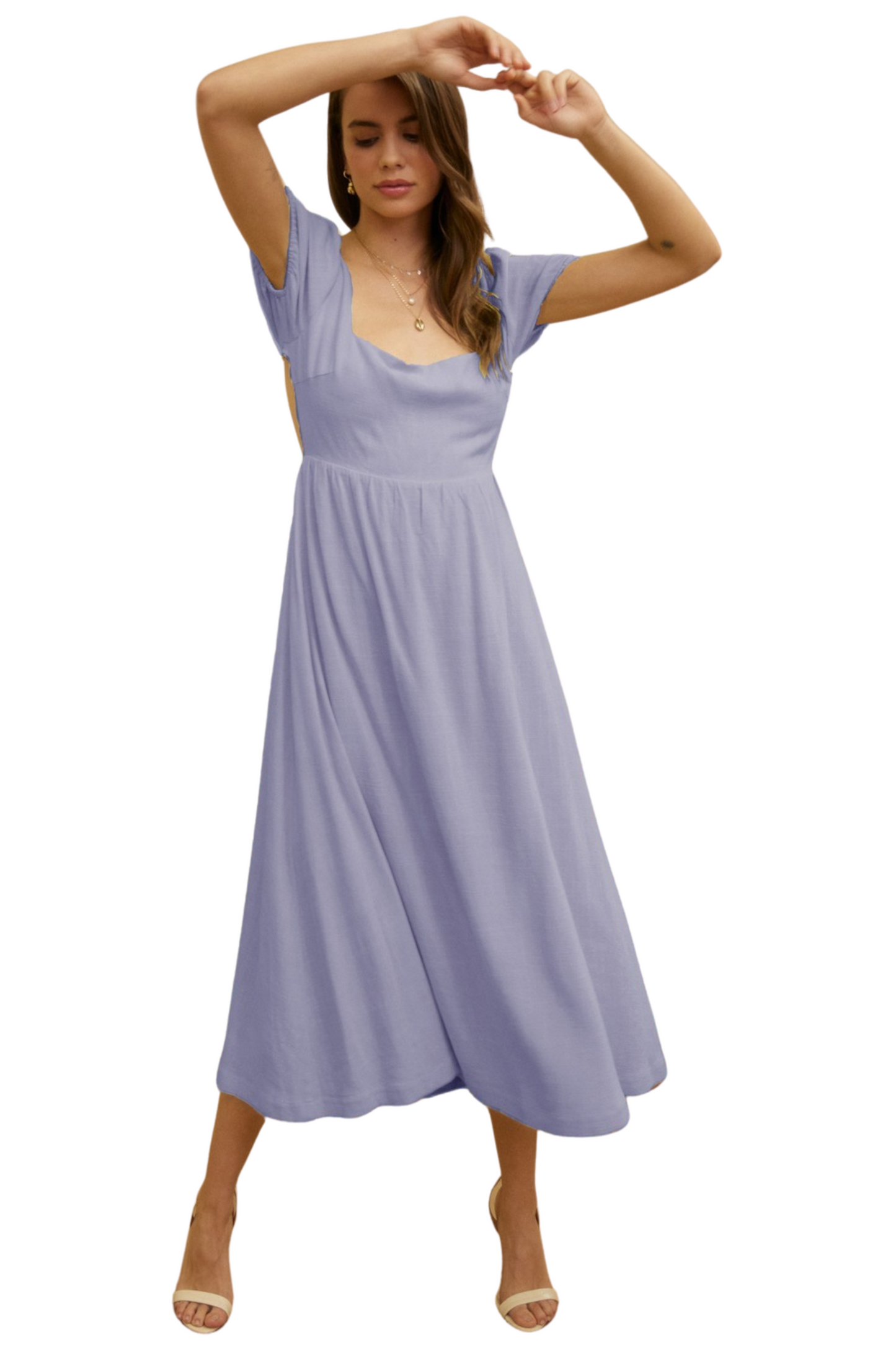Short Sleeve Open Back Linen Blend Midi Dress