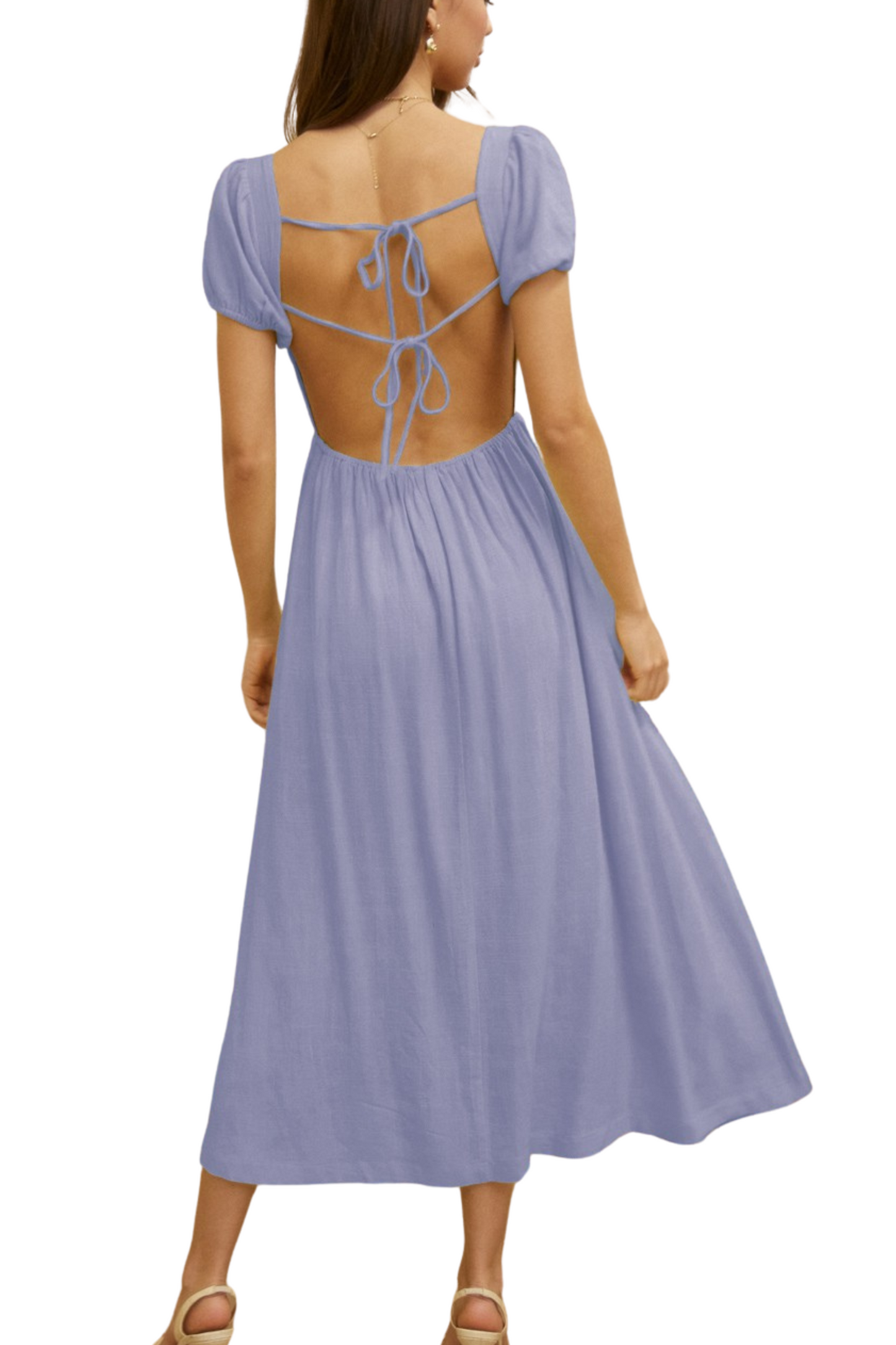 Short Sleeve Open Back Linen Blend Midi Dress