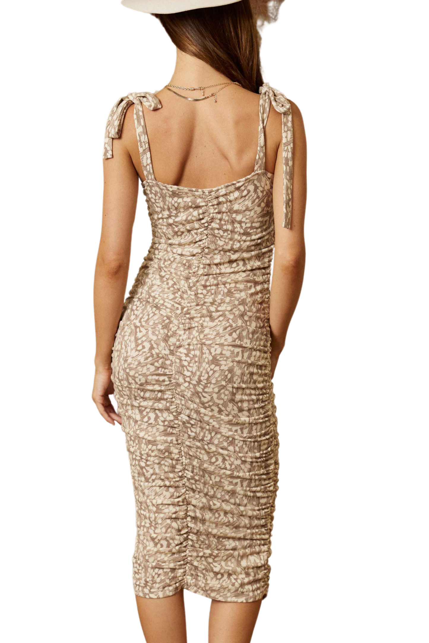 Abstract Floral Shirred Midi Dress with Tie Straps