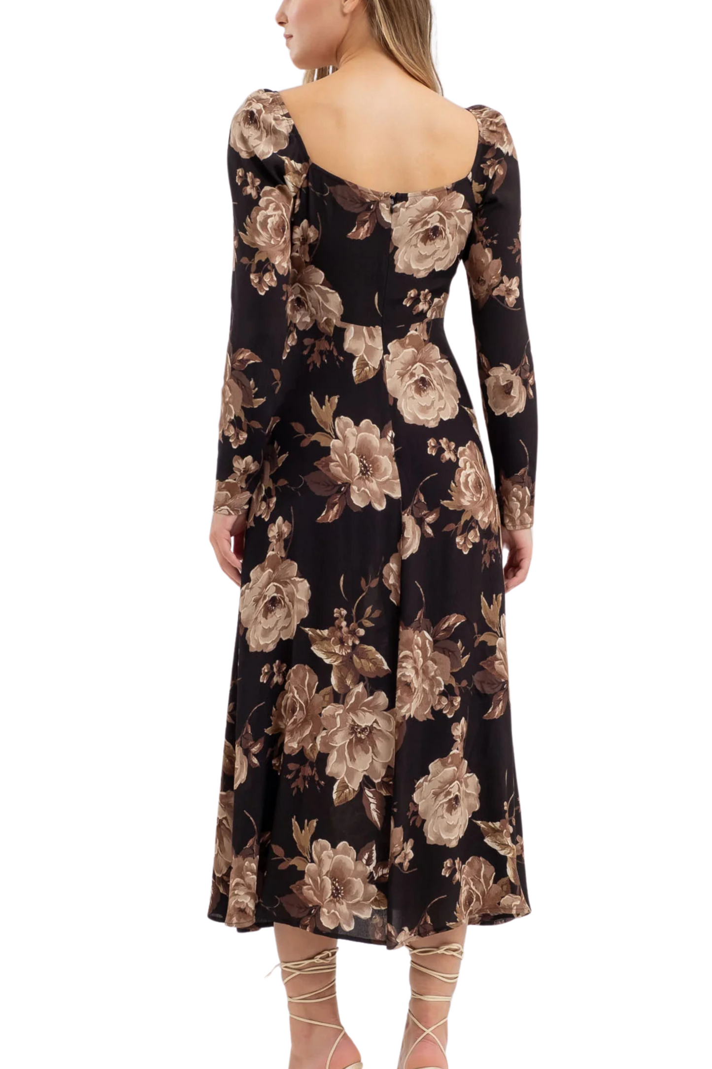 Floral Square Neck Long Sleeve Midi Dress