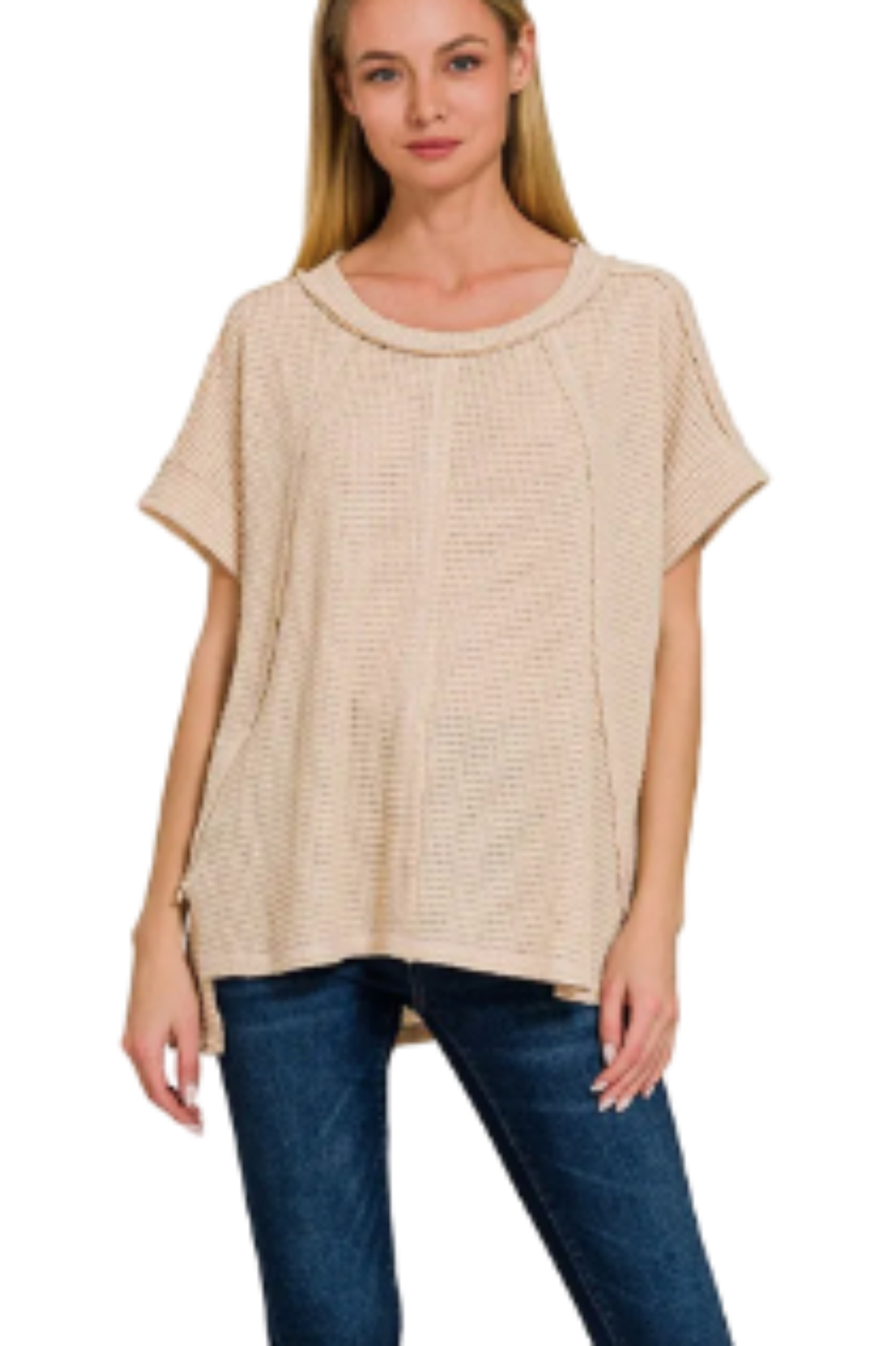 Relaxed Waffle Knit Tee with Front Seams