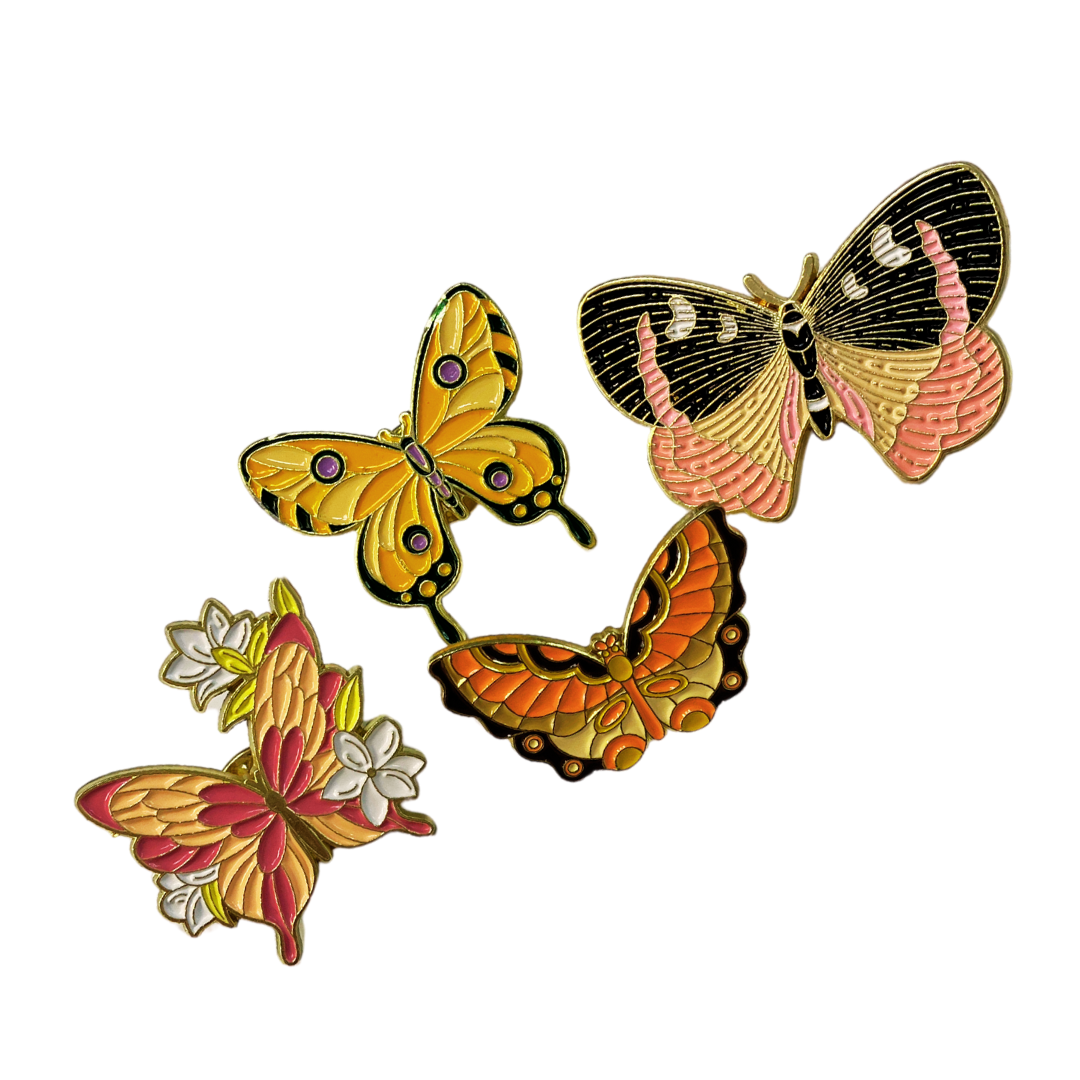 Orange & Pink Butterfly Enamel Pin Set