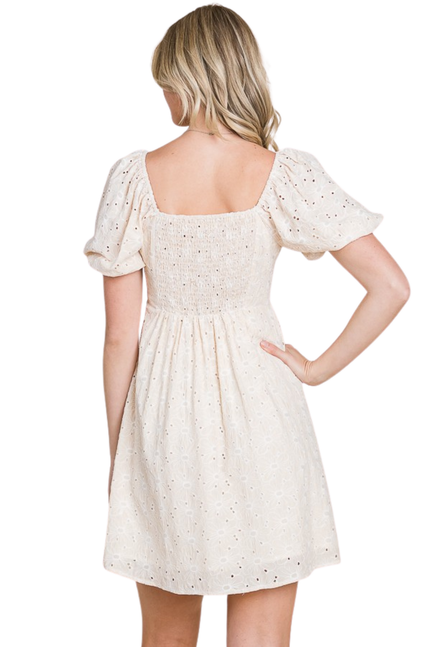 Eyelet Puff Sleeve Mini Dress