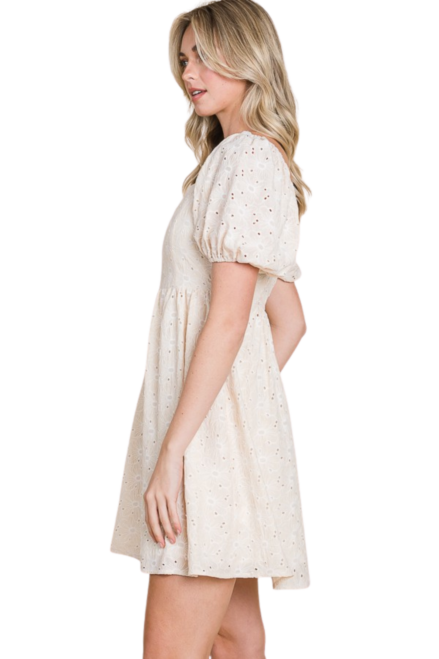 Eyelet Puff Sleeve Mini Dress