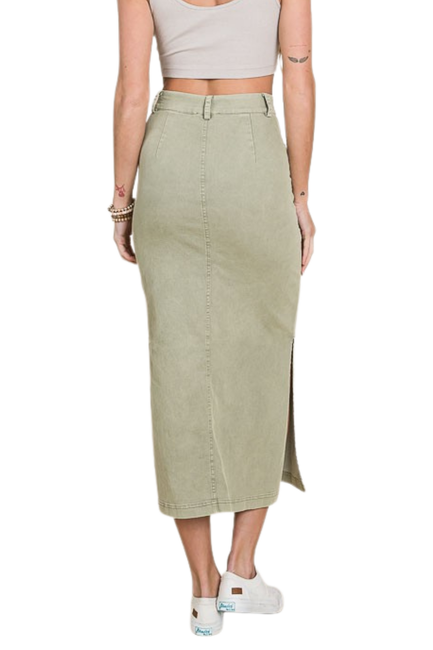 Washed Colored Denim Midi Skirt with Side Slits