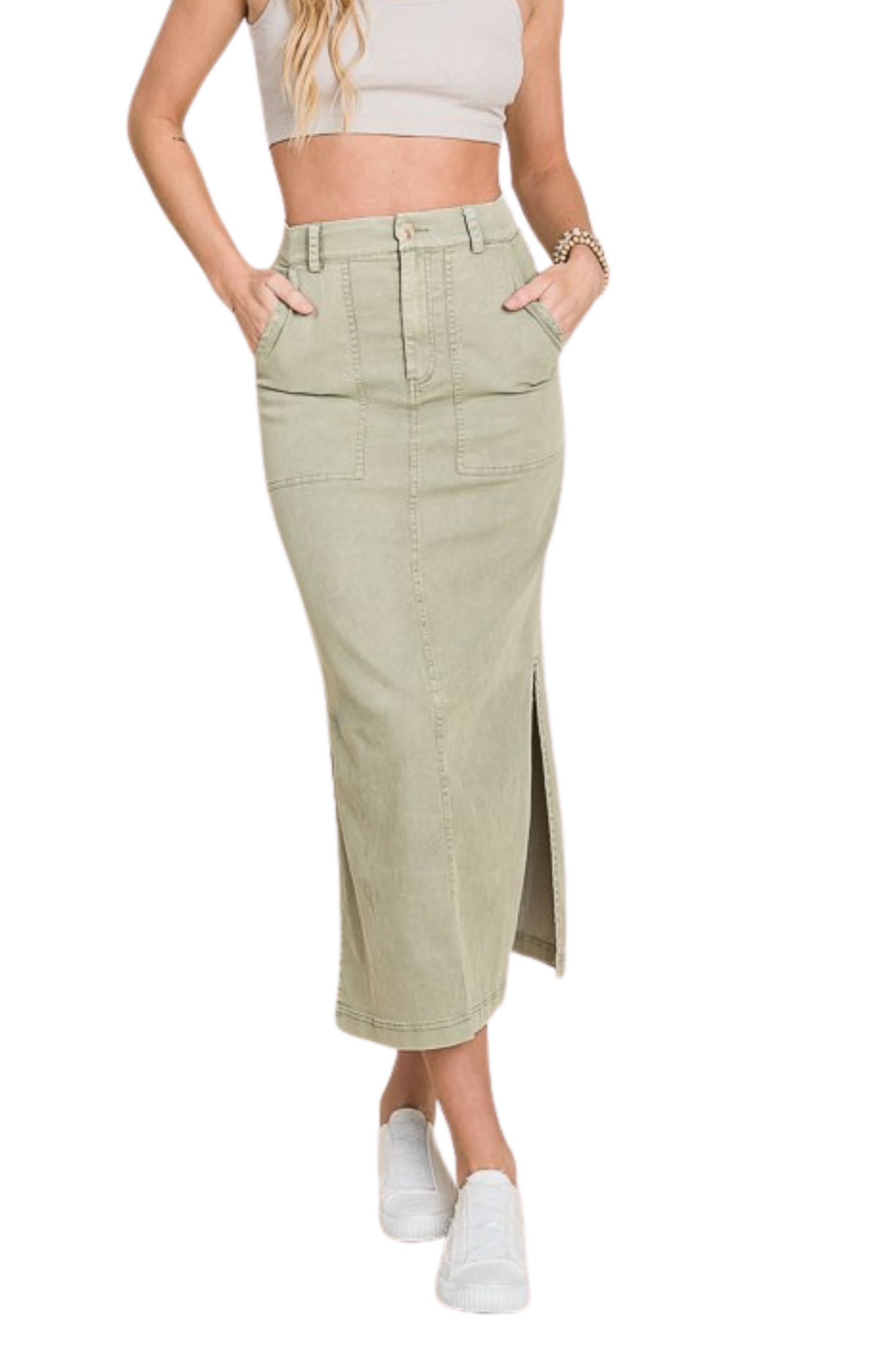 Washed Colored Denim Midi Skirt with Side Slits