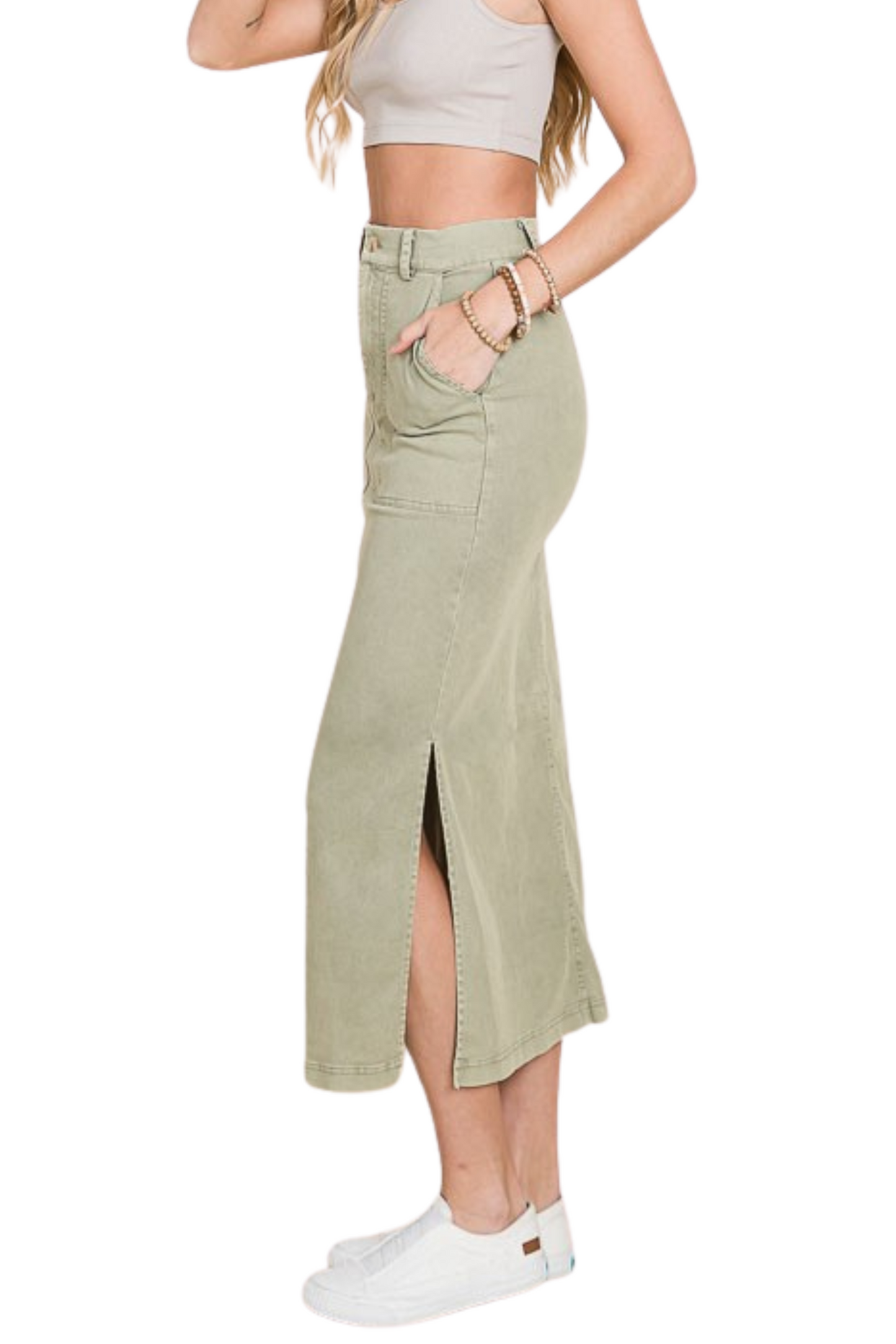 Washed Colored Denim Midi Skirt with Side Slits