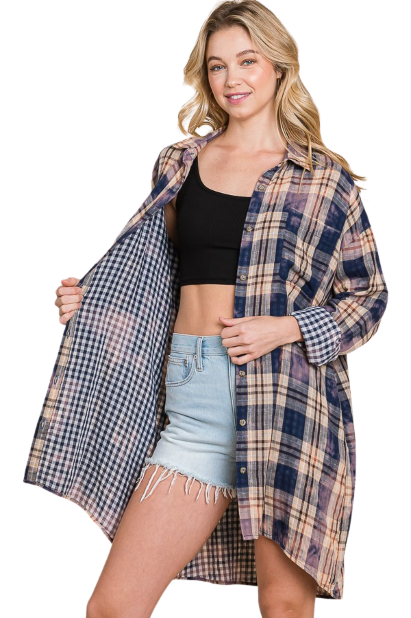 Tie Dyed Plaid Button Down Tunic