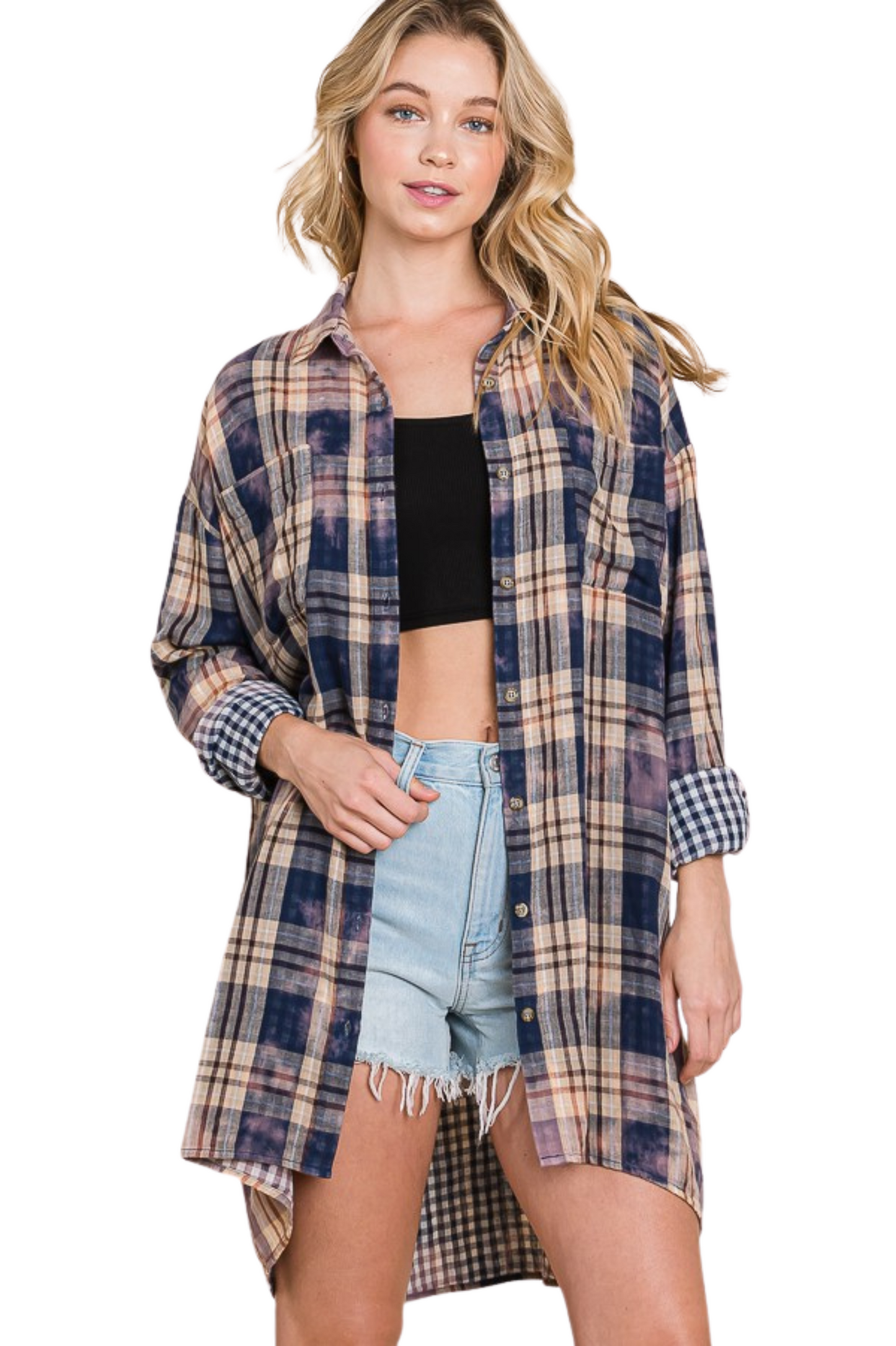 Tie Dyed Plaid Button Down Tunic