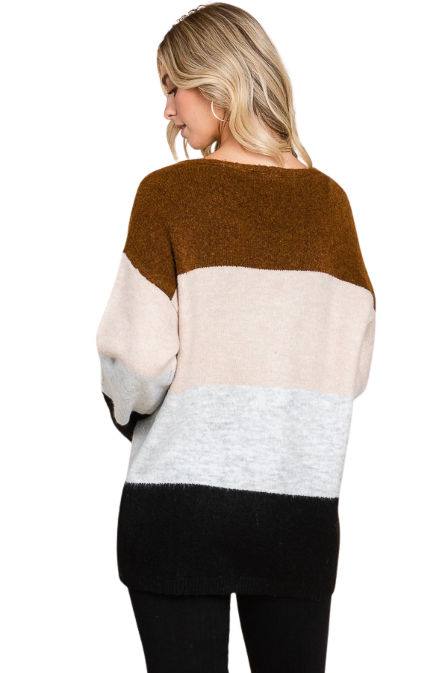 Color Block Stripe V Neck Button Up Sweater