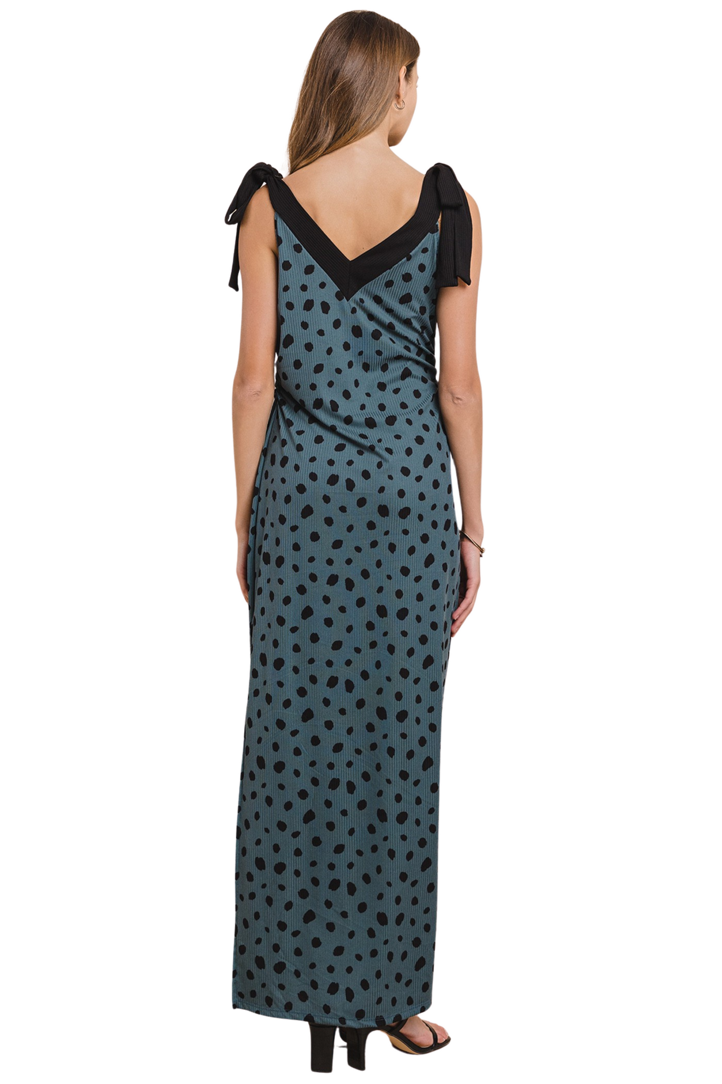 Polka Dot V Neck Maxi Dress with Adjustable Tie Straps