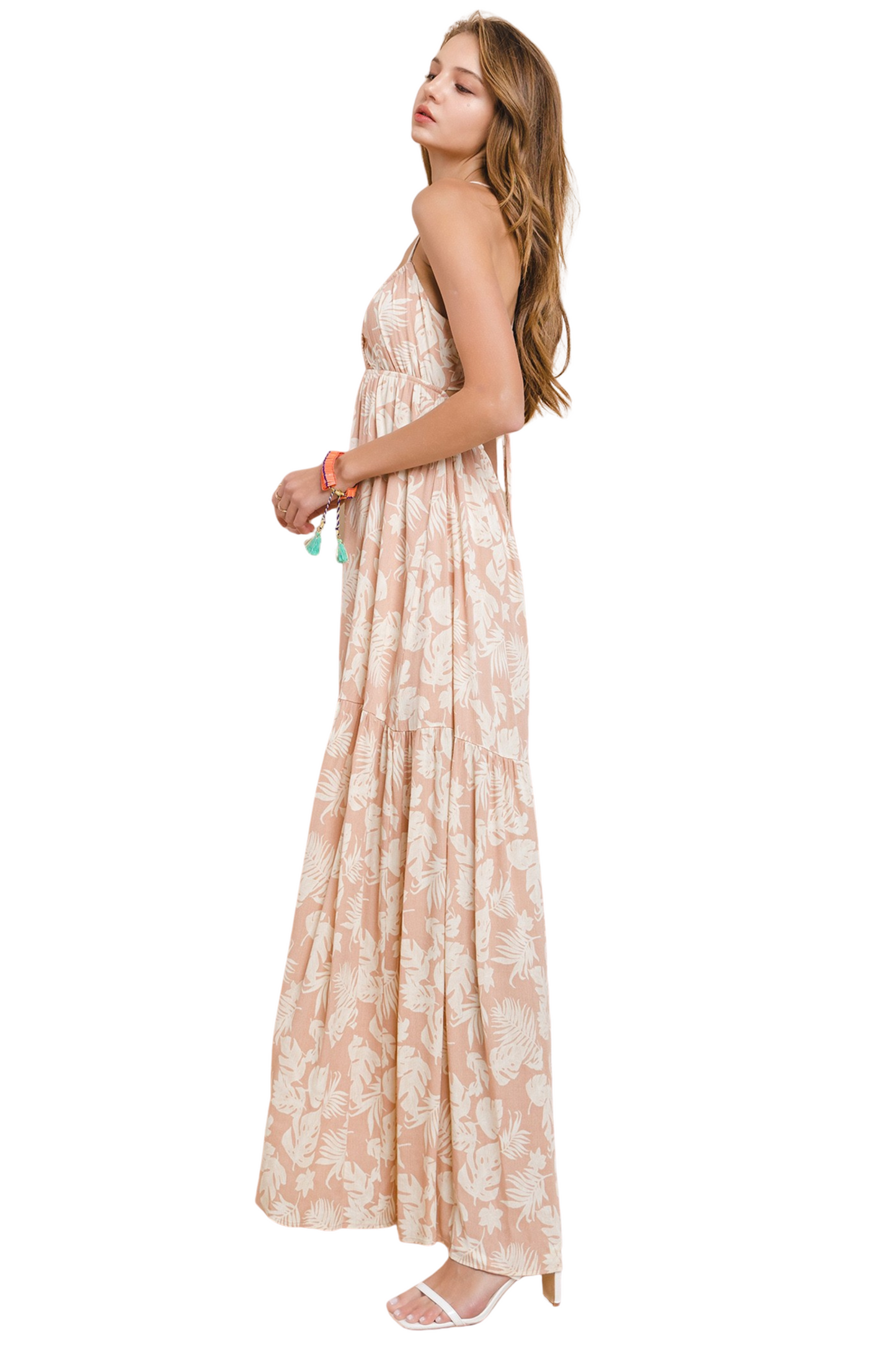 Leaf Print Woven Maxi Dress with Back Tie