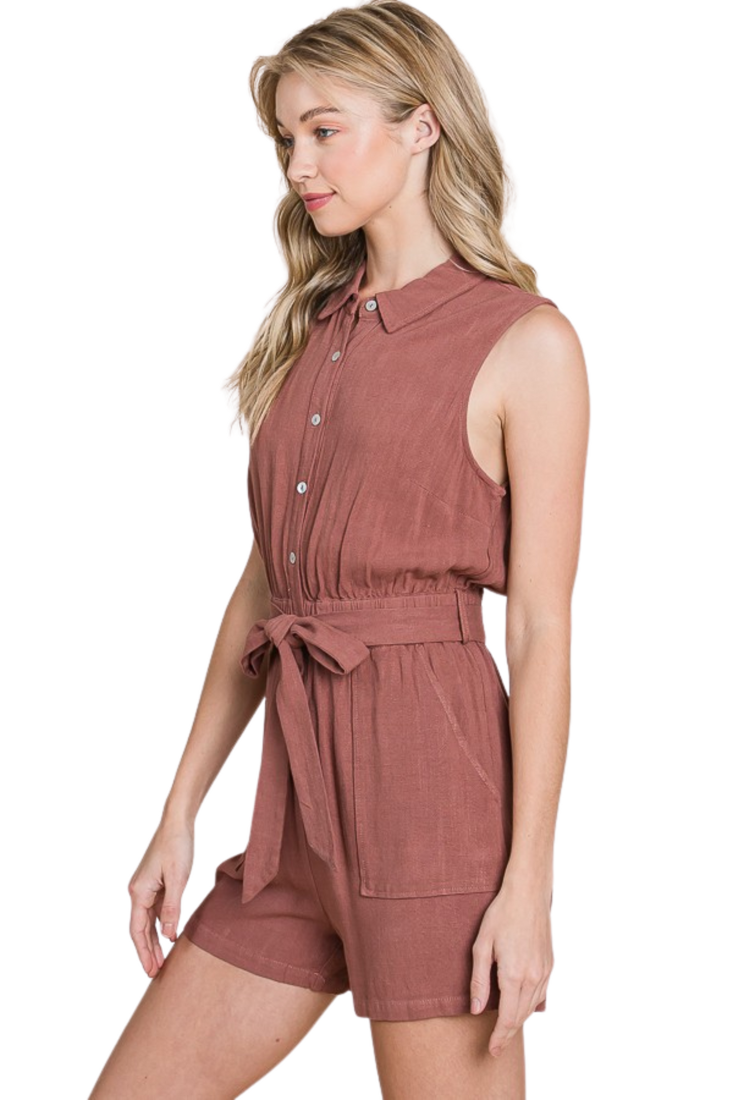 Collared Sleeveless Romper with Tie Waist