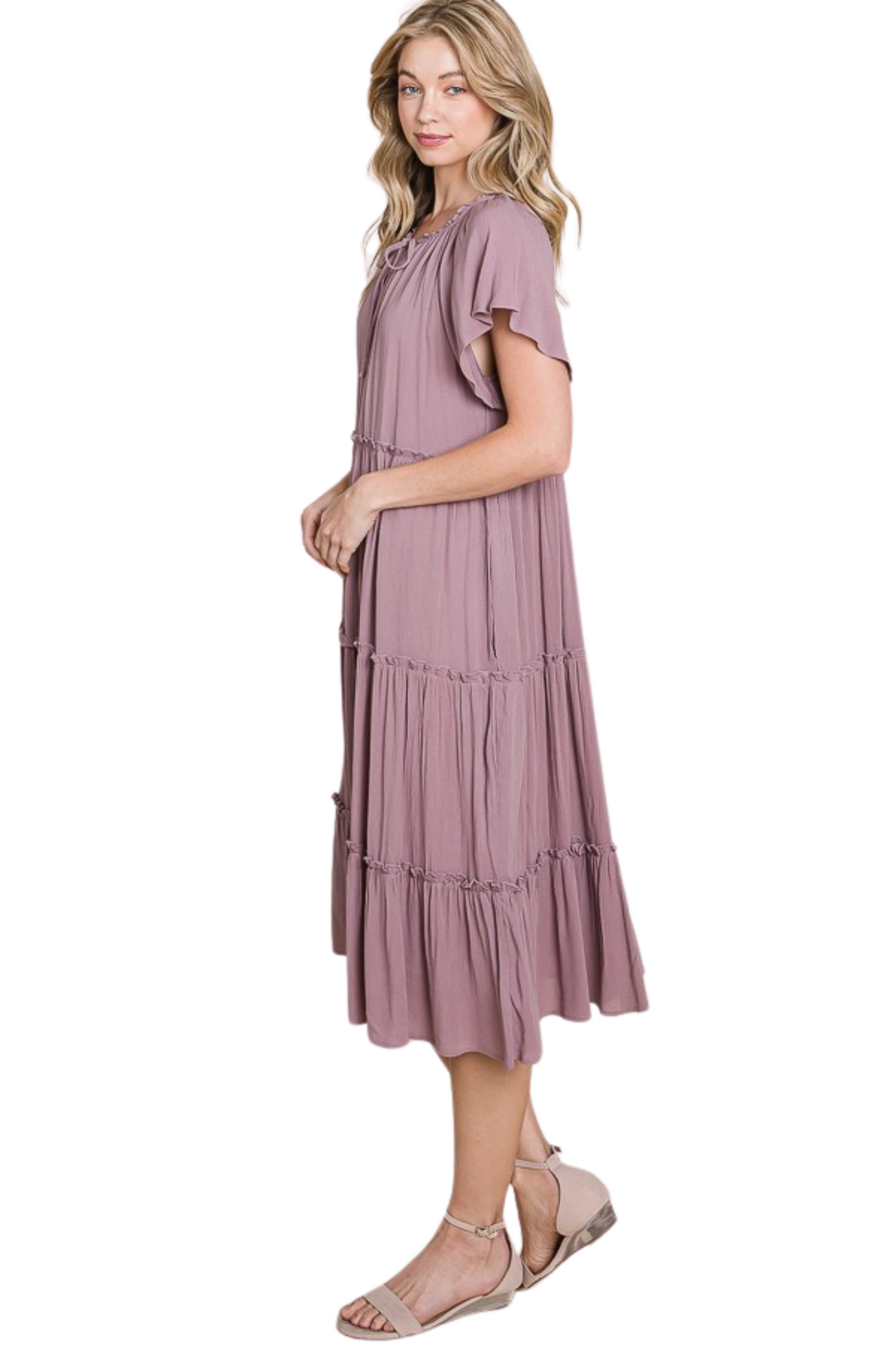 Flowy and Tiered Short Sleeve Midi Dress with Tie Front