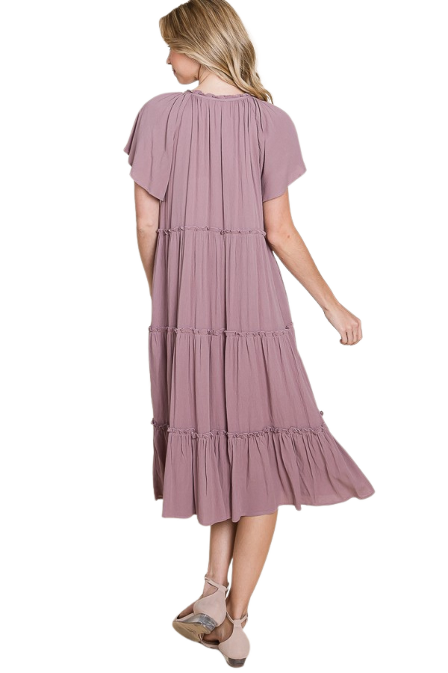 Flowy and Tiered Short Sleeve Midi Dress with Tie Front