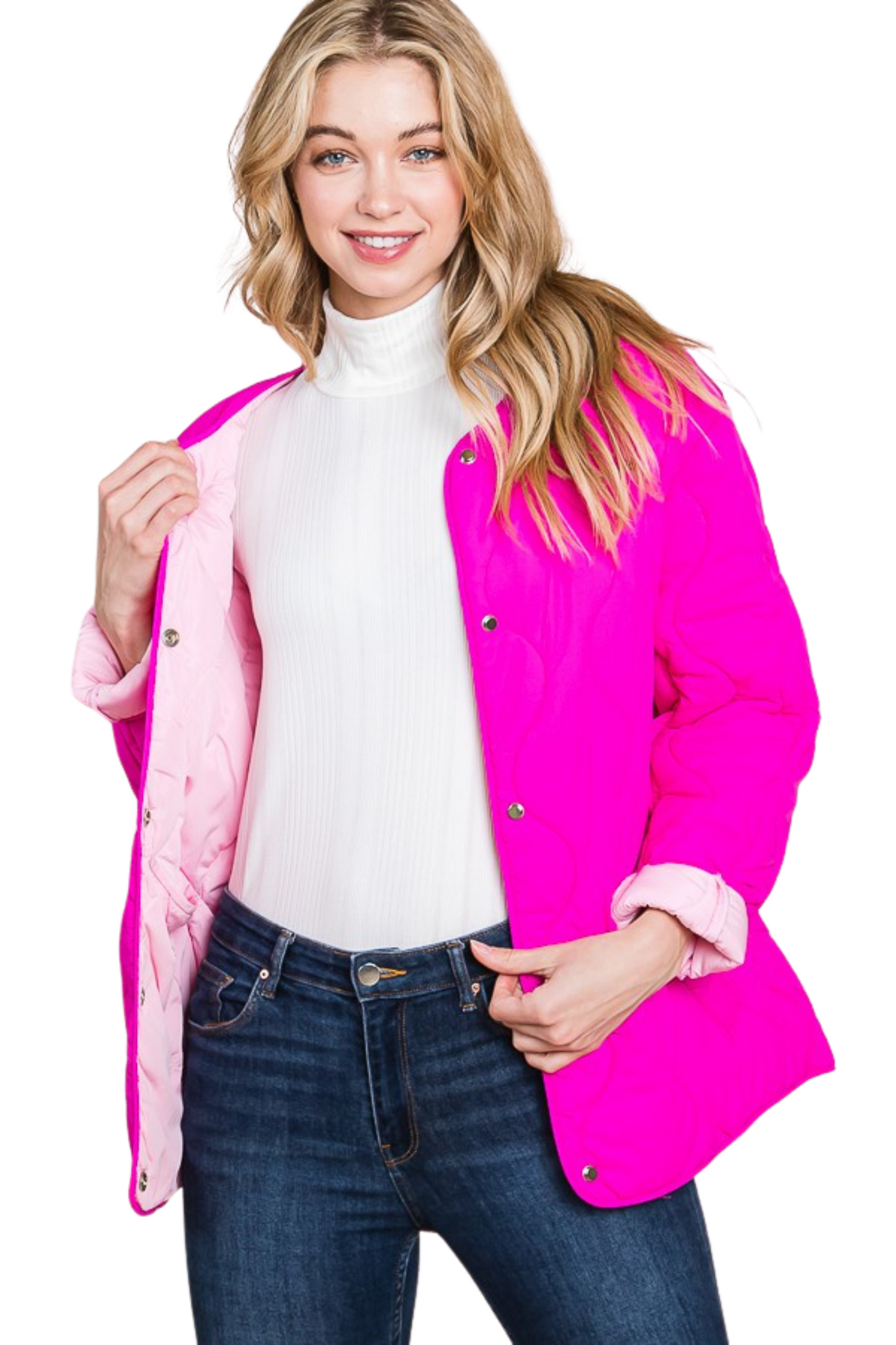 Wave Quilted Collarless Jacket with Snap Buttons