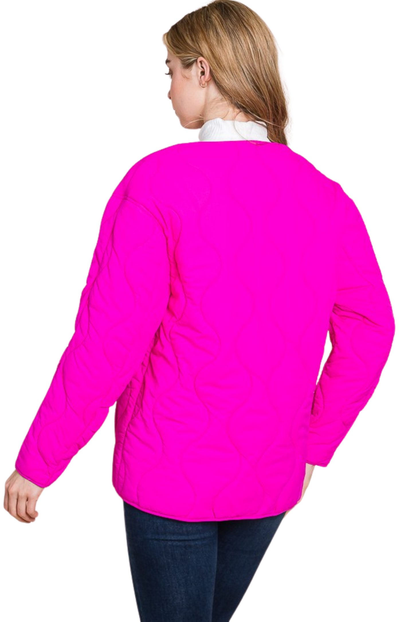 Wave Quilted Collarless Jacket with Snap Buttons