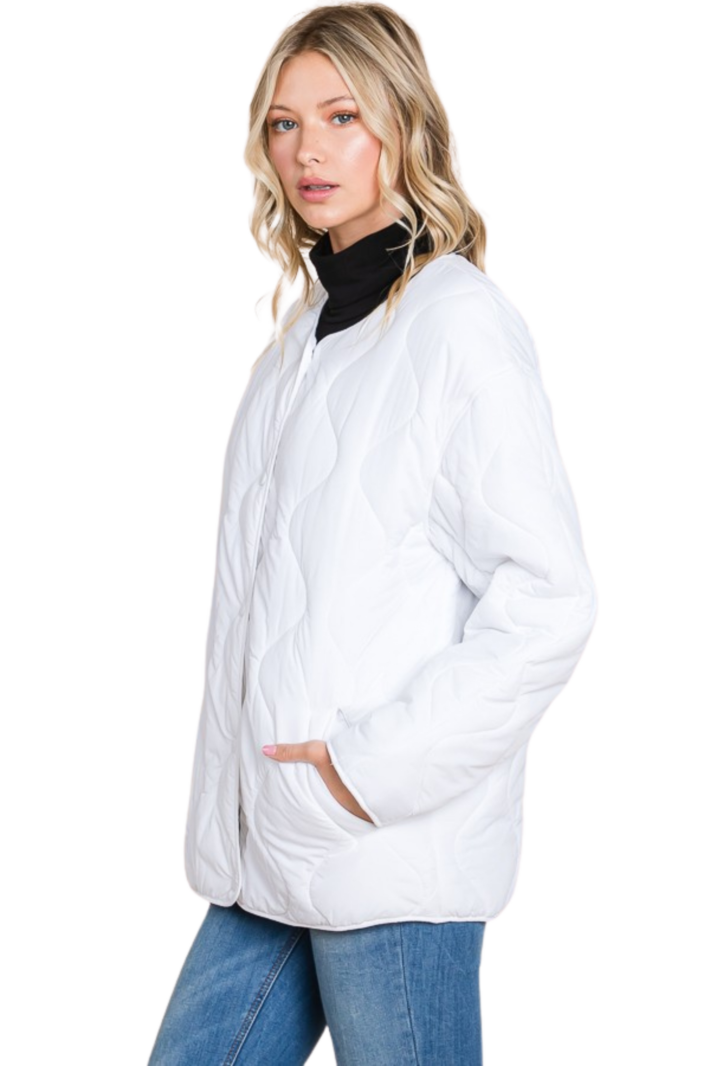 Wave Quilted Collarless Jacket with Snap Buttons