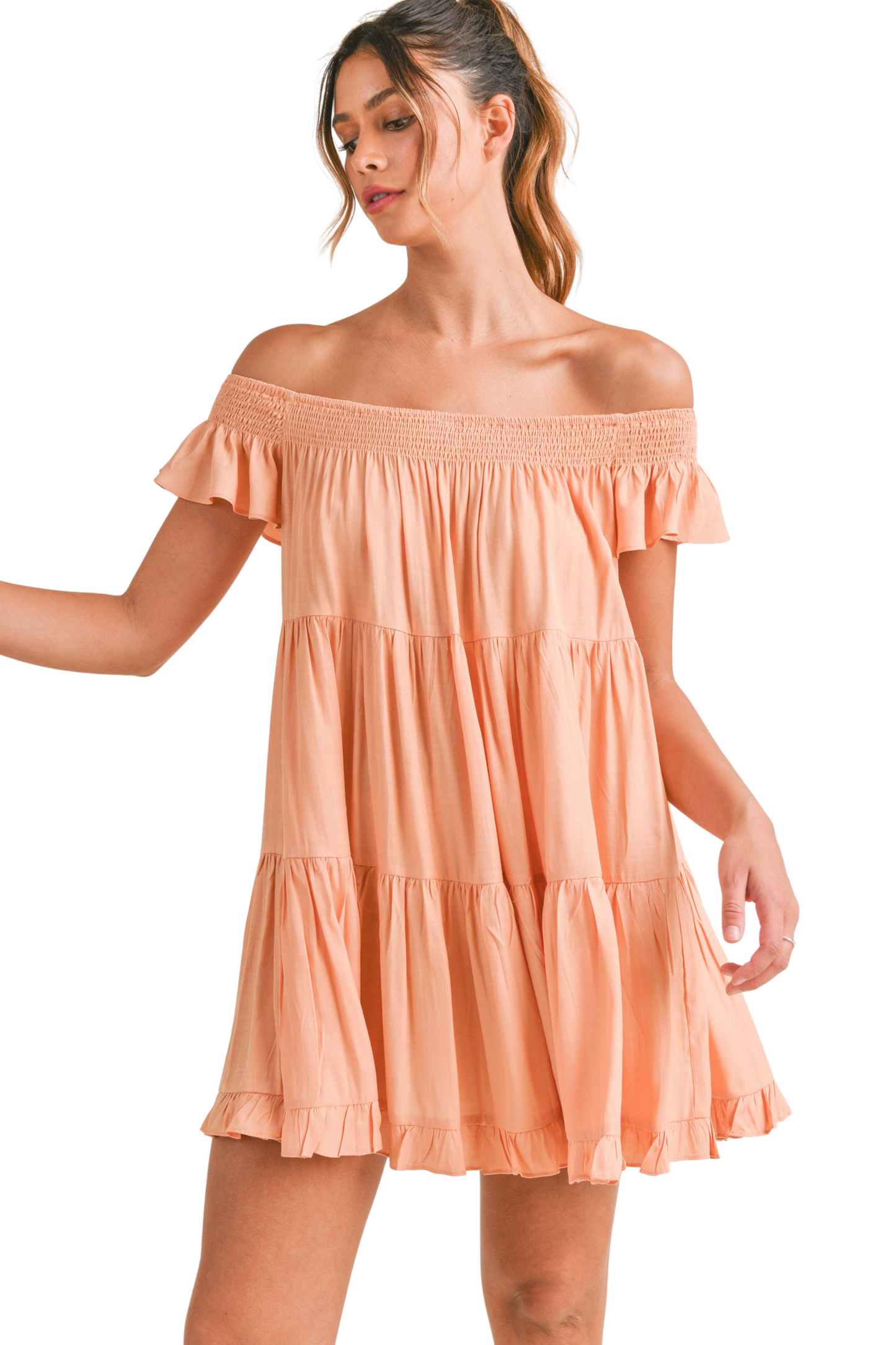 Solid Smocked Off Shoulder Tiered Mini Dress