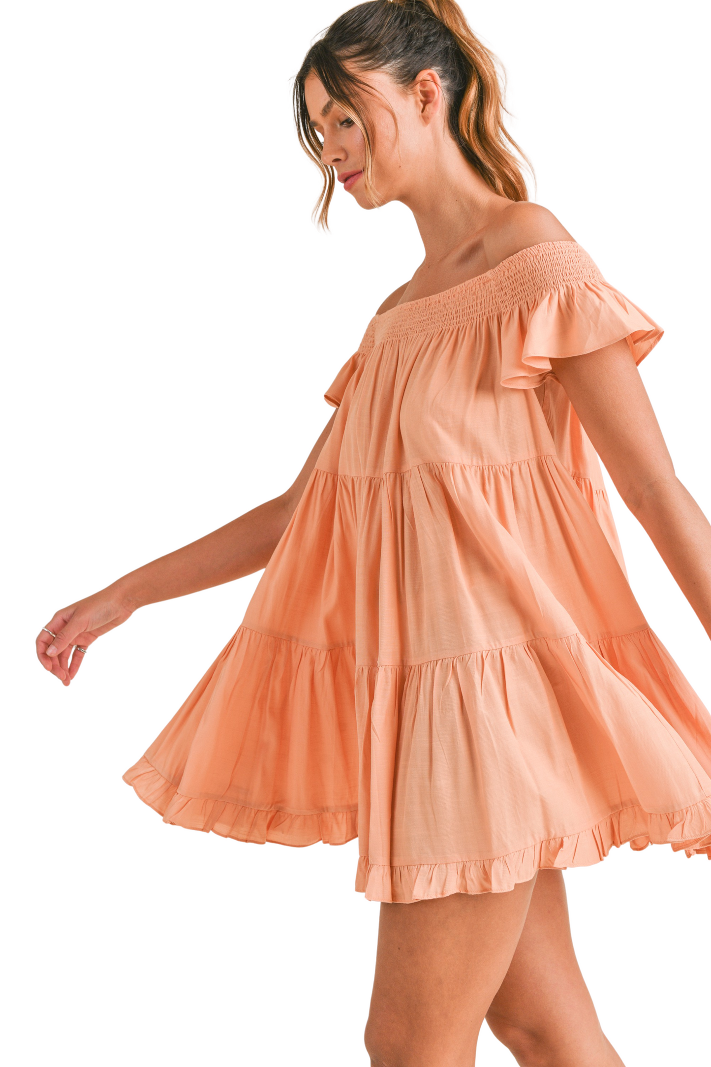 Solid Smocked Off Shoulder Tiered Mini Dress