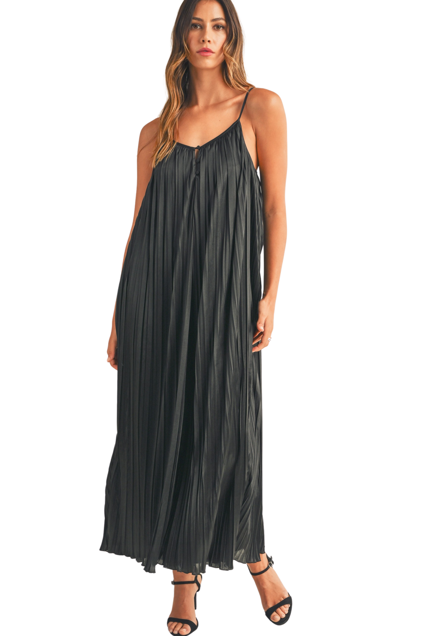 Solid Satin Pleated Wide Leg Jumpsuit