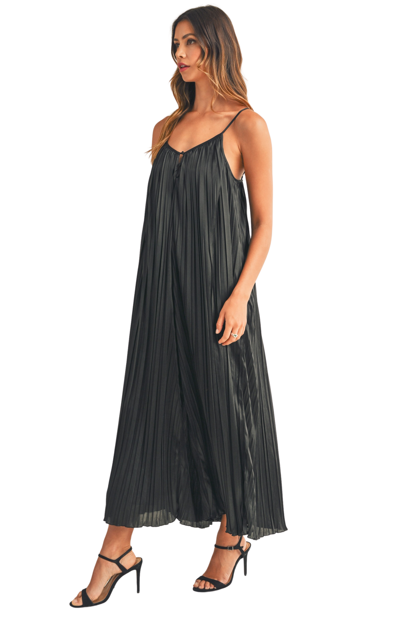 Solid Satin Pleated Wide Leg Jumpsuit