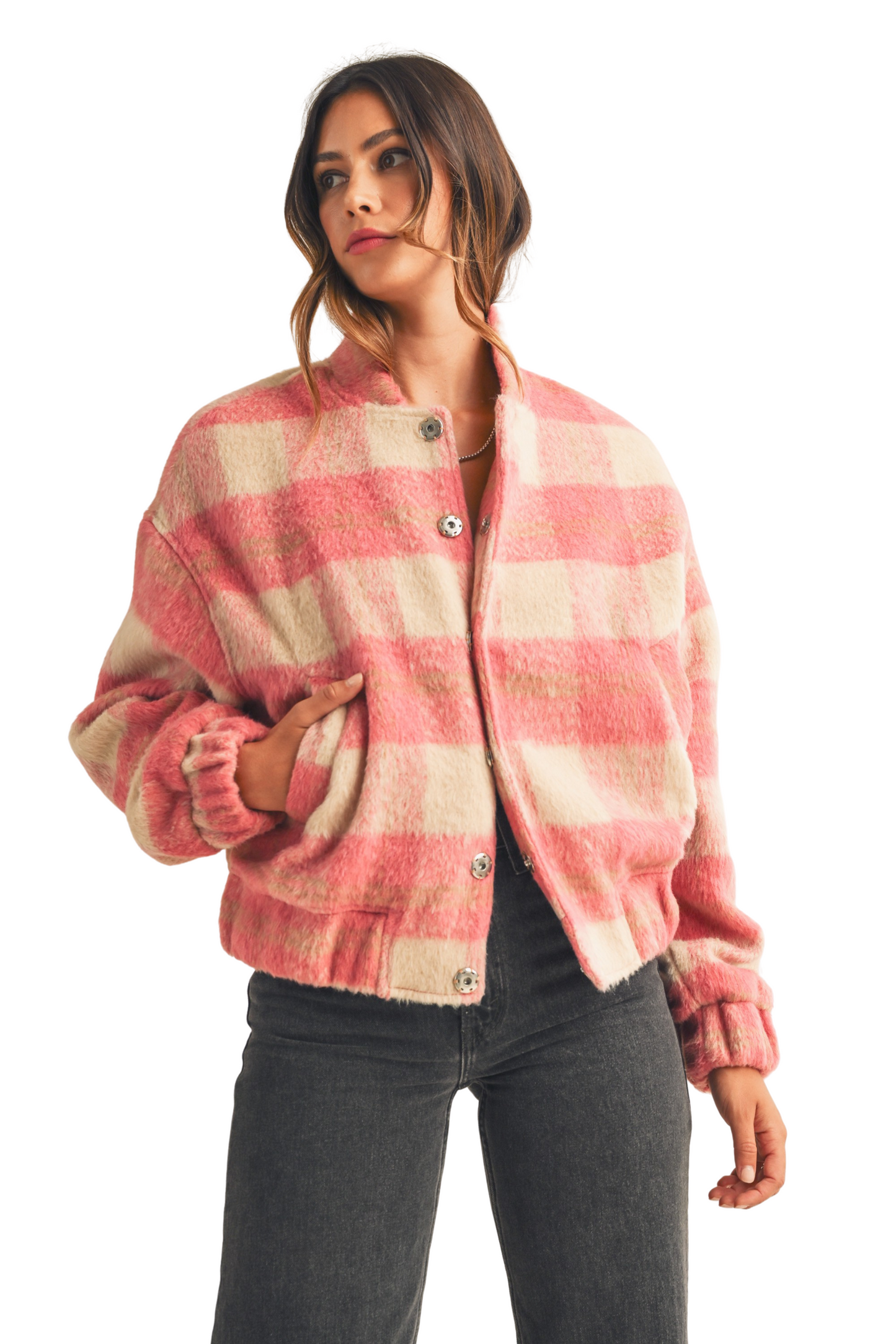 Plaid Print Fuzzy Bomber Jacket