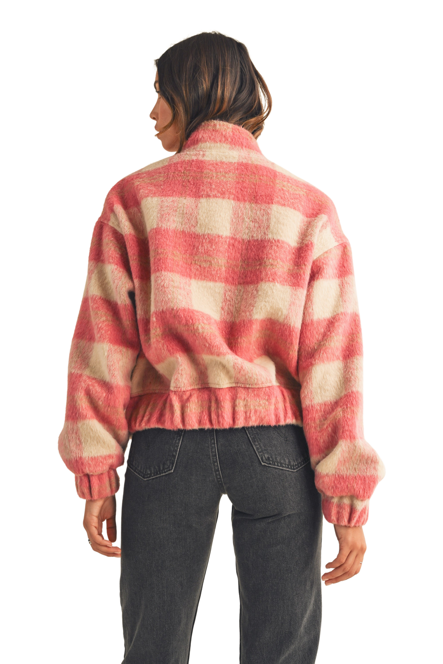 Plaid Print Fuzzy Bomber Jacket