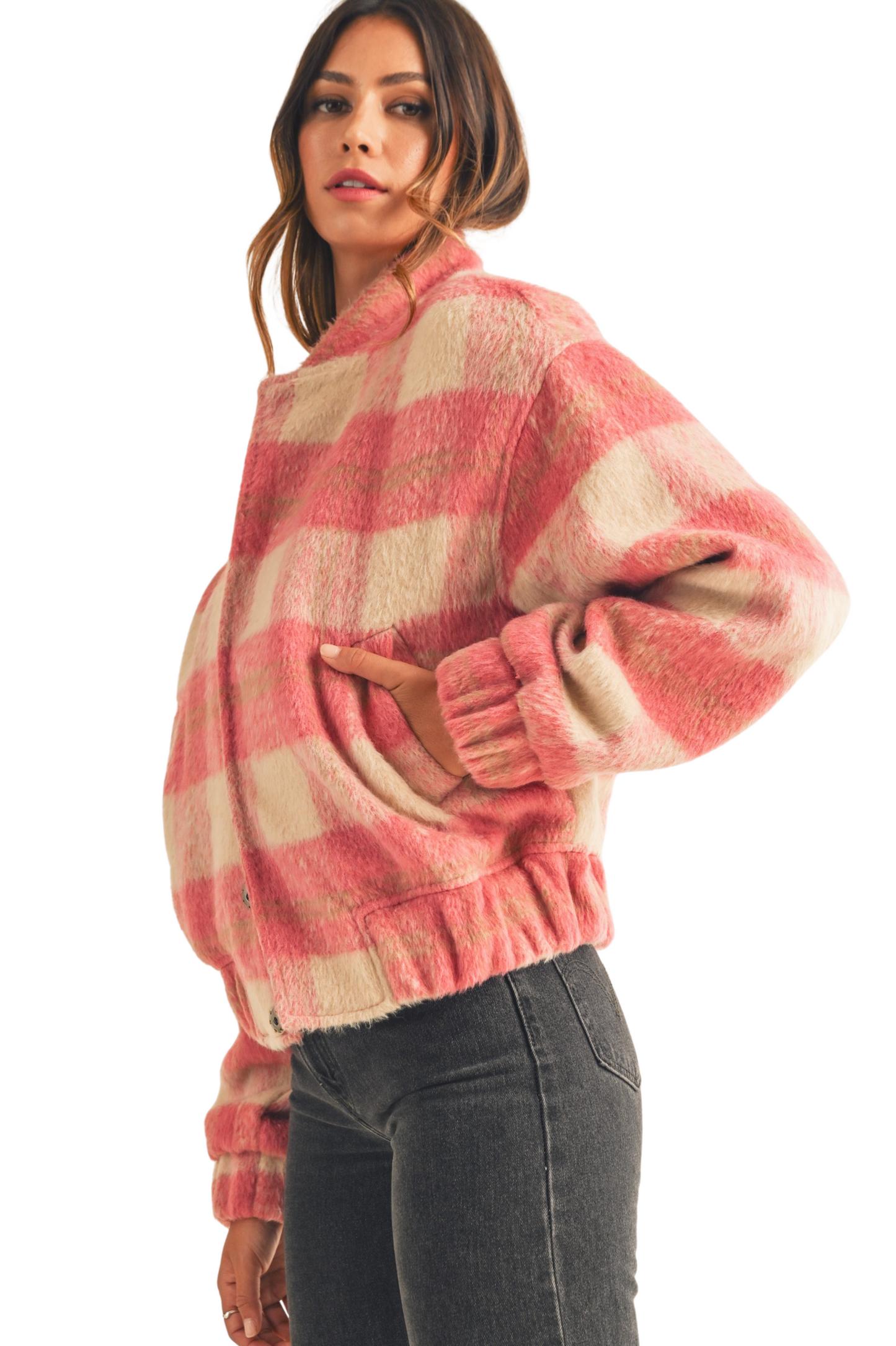 Plaid Print Fuzzy Bomber Jacket