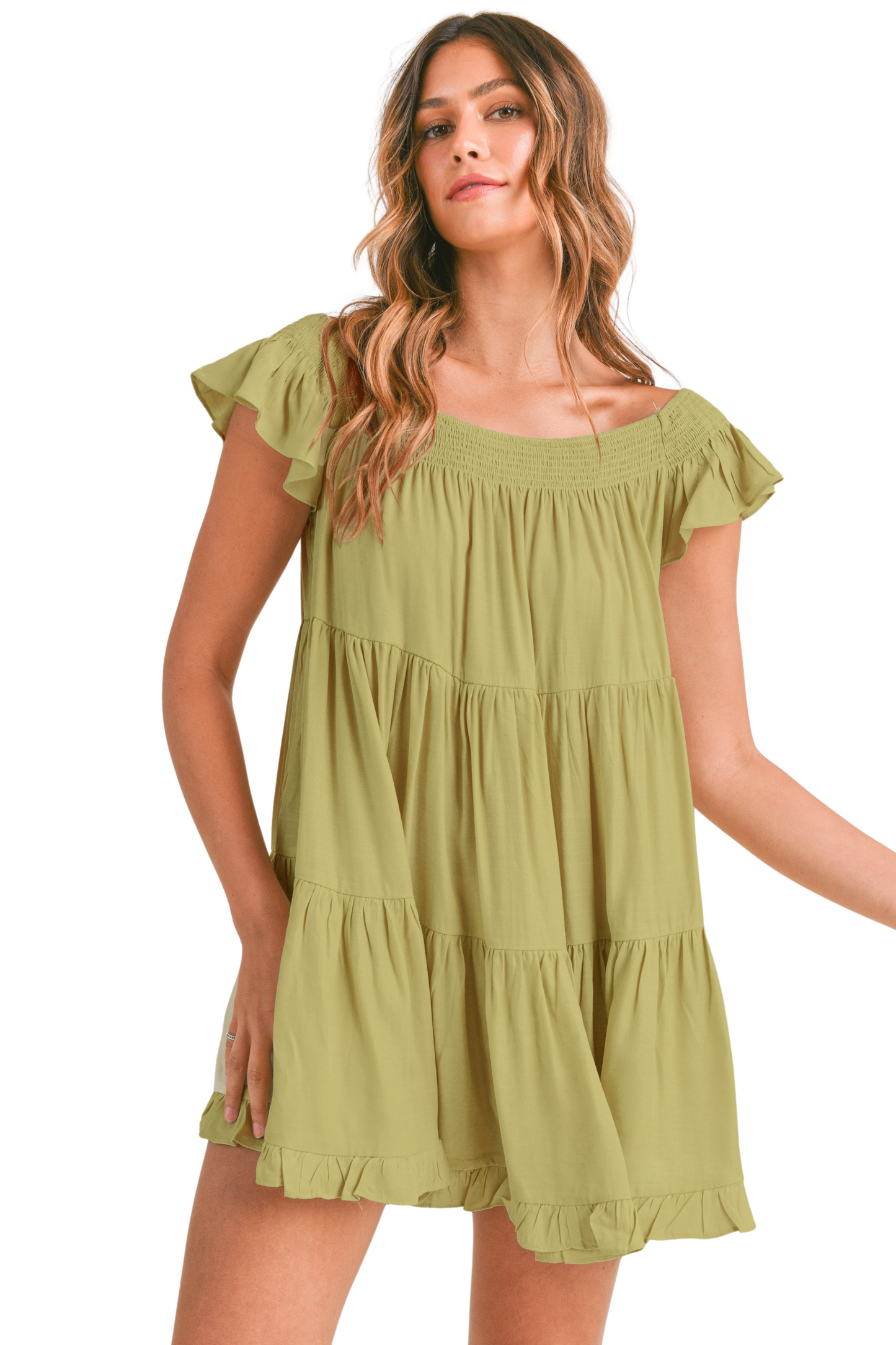Solid Smocked Off Shoulder Tiered Mini Dress