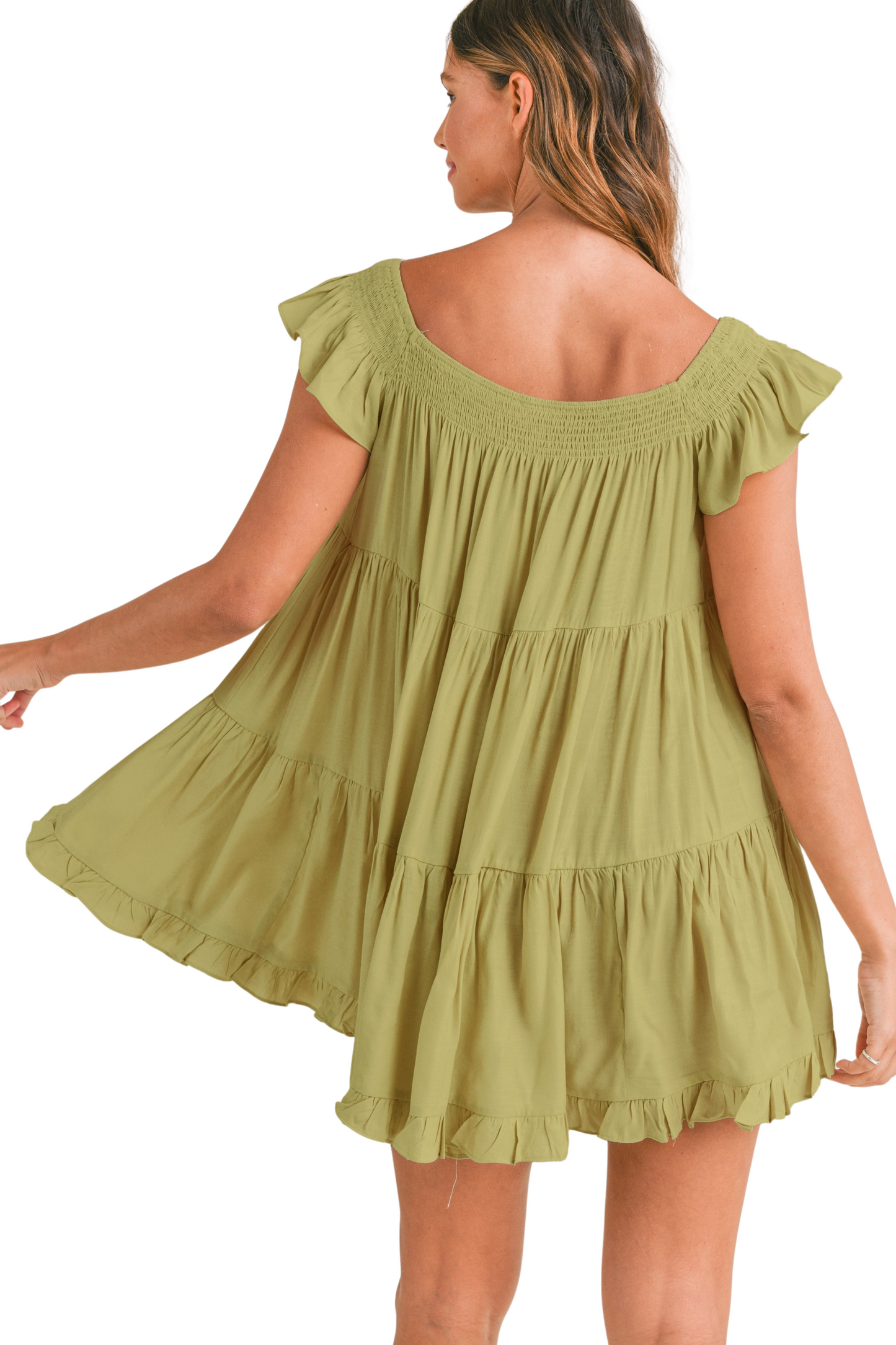 Solid Smocked Off Shoulder Tiered Mini Dress