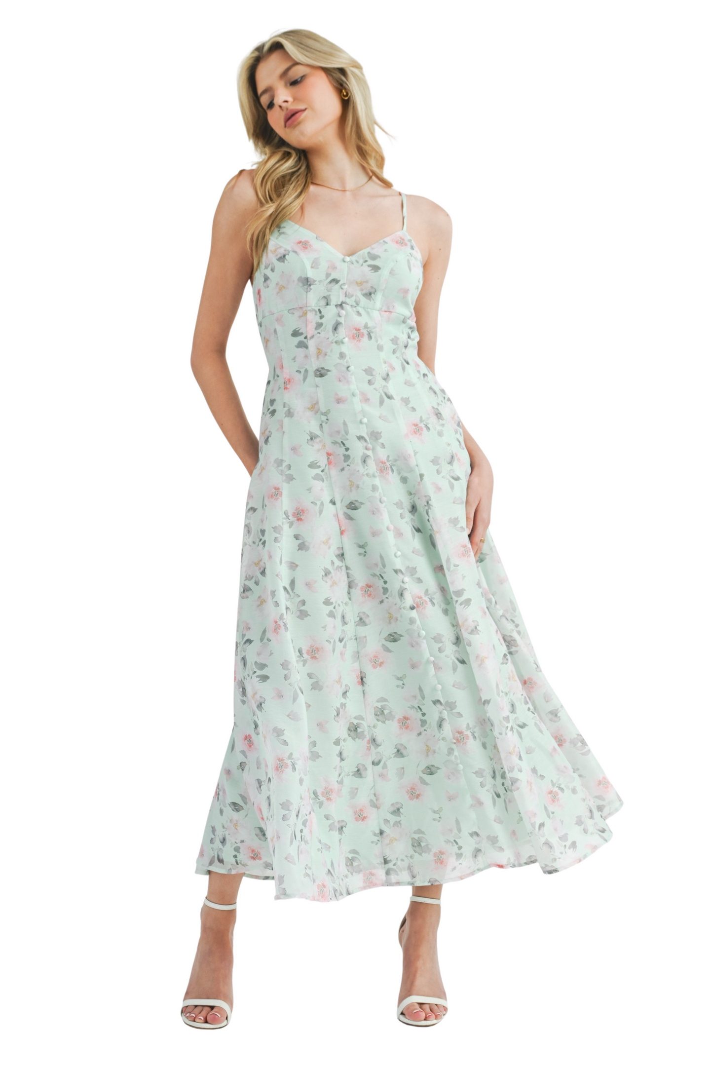 Floral Print Button Front Flare Midi Dress