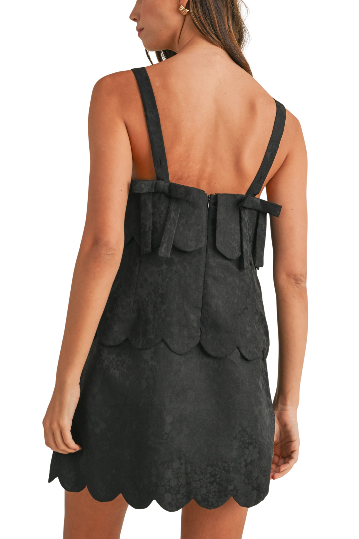 Scalloped Hemline Textured Mini Dress with Back Bows
