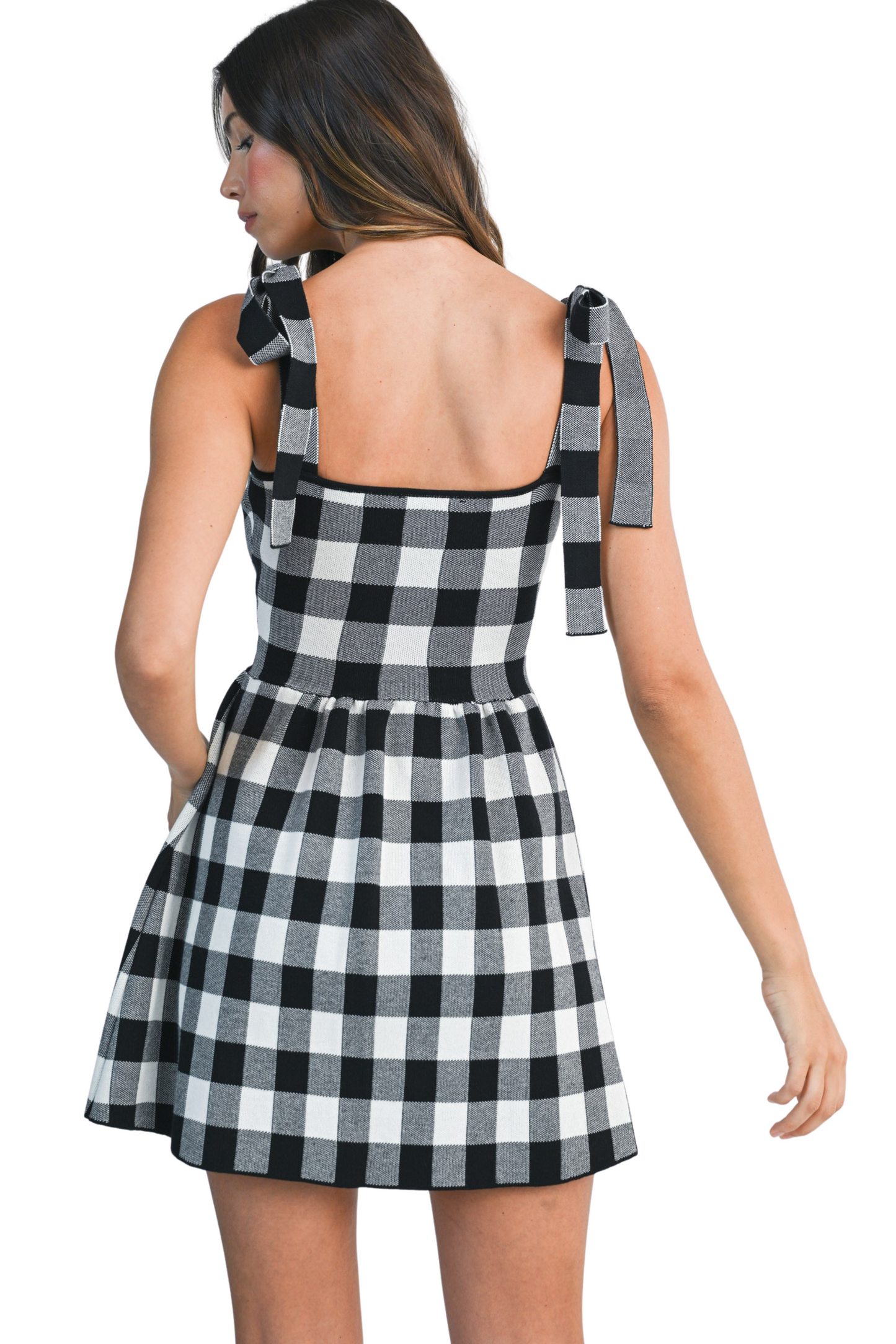 Gingham Plaid Shoulder Self Tie Knit Mini Dress