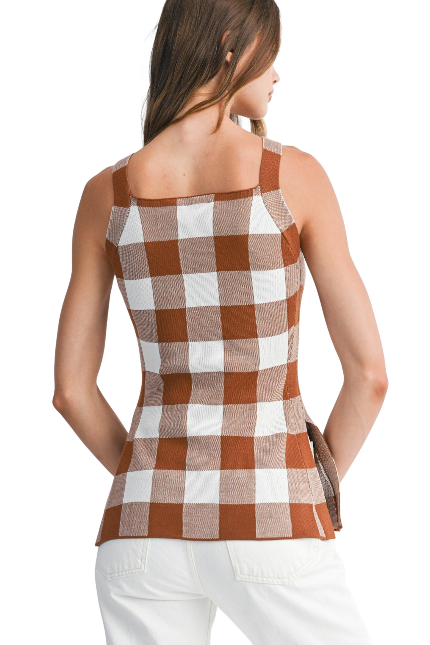 Gingham Plaid Knit Top with Side Slit Seams
