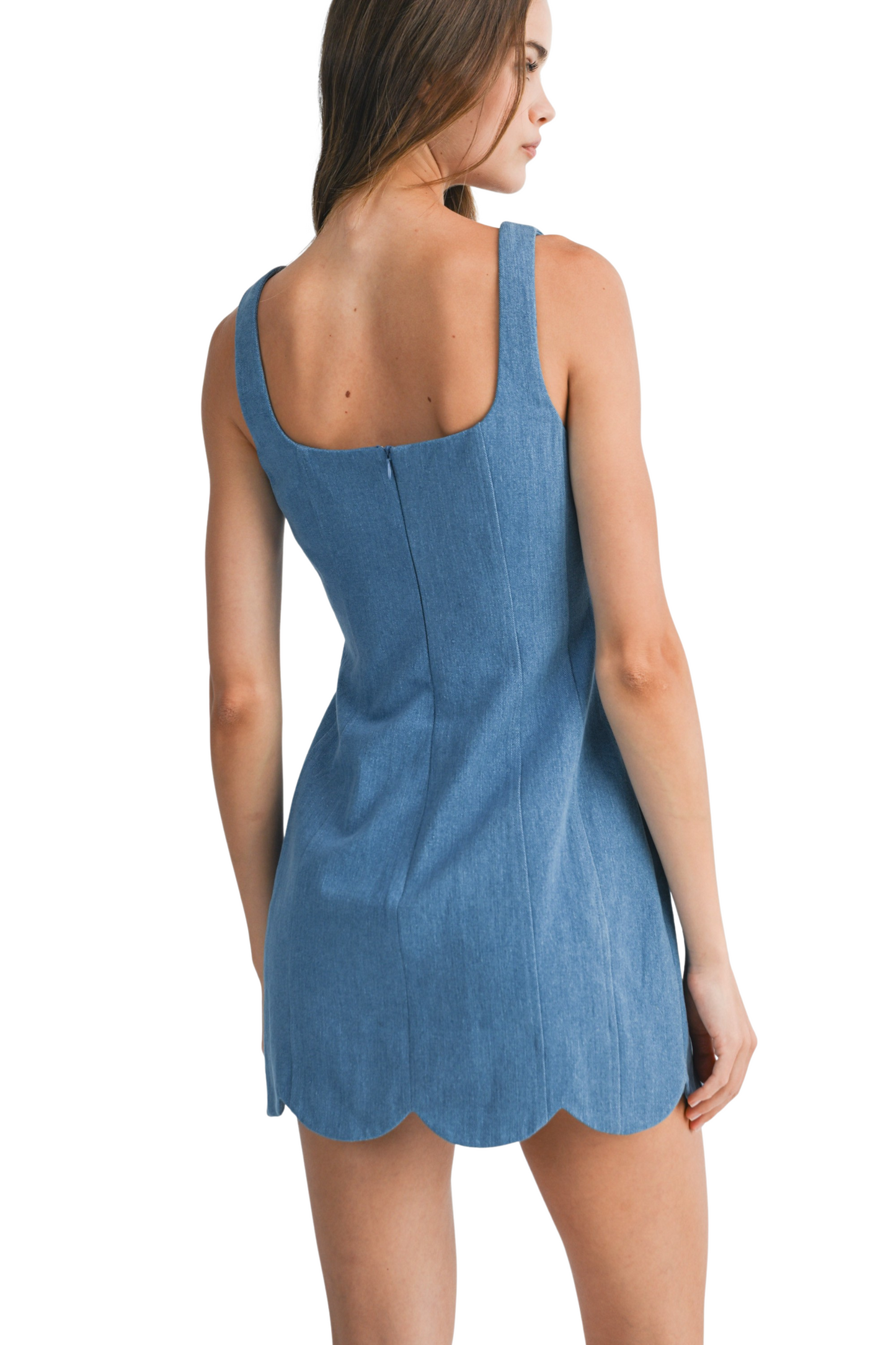 Denim Square Neckline Scallop Hem Mini Dress