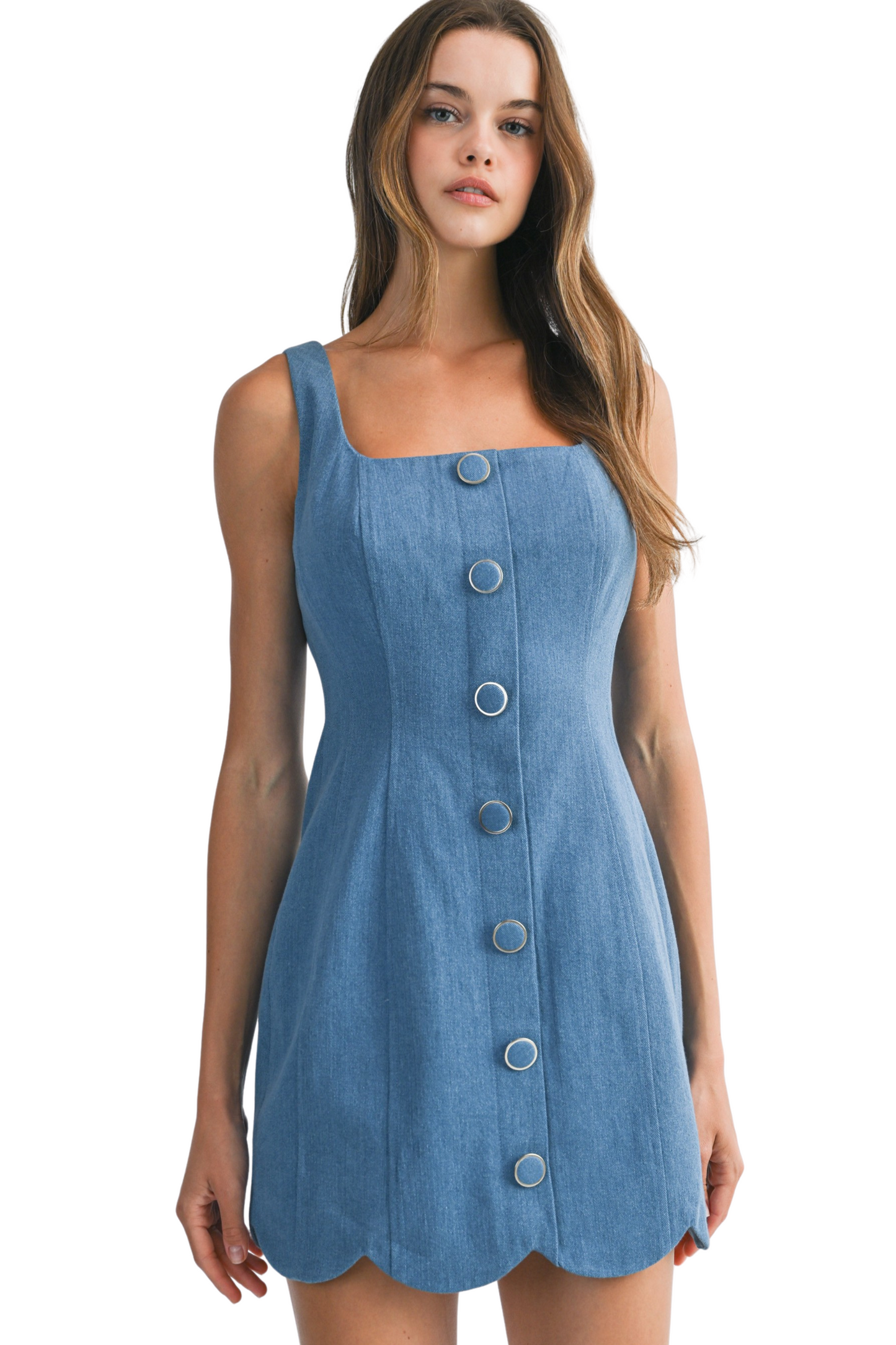 Denim Square Neckline Scallop Hem Mini Dress