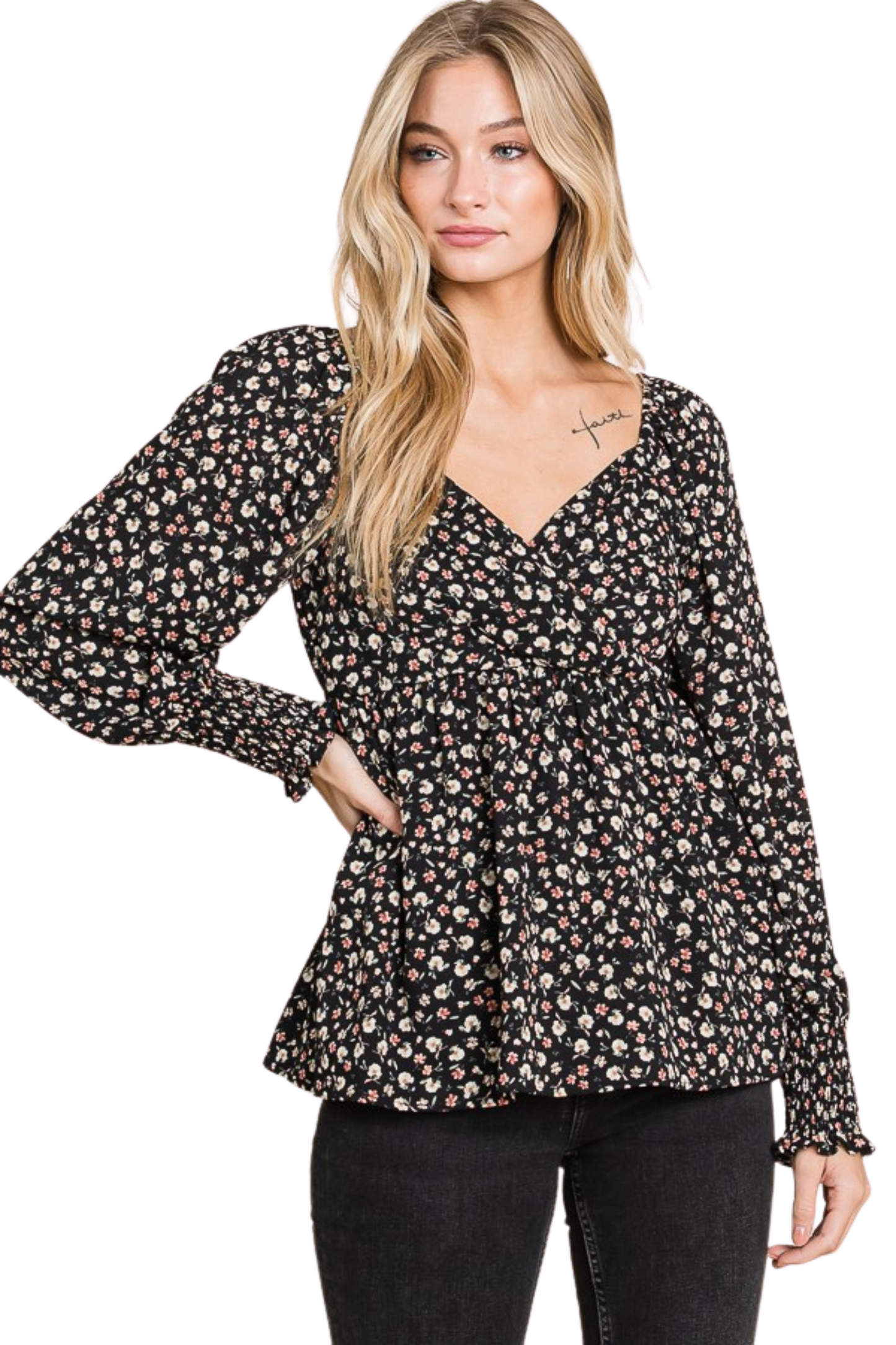 Flowy Ditsy Floral Print Long Sleeve Top