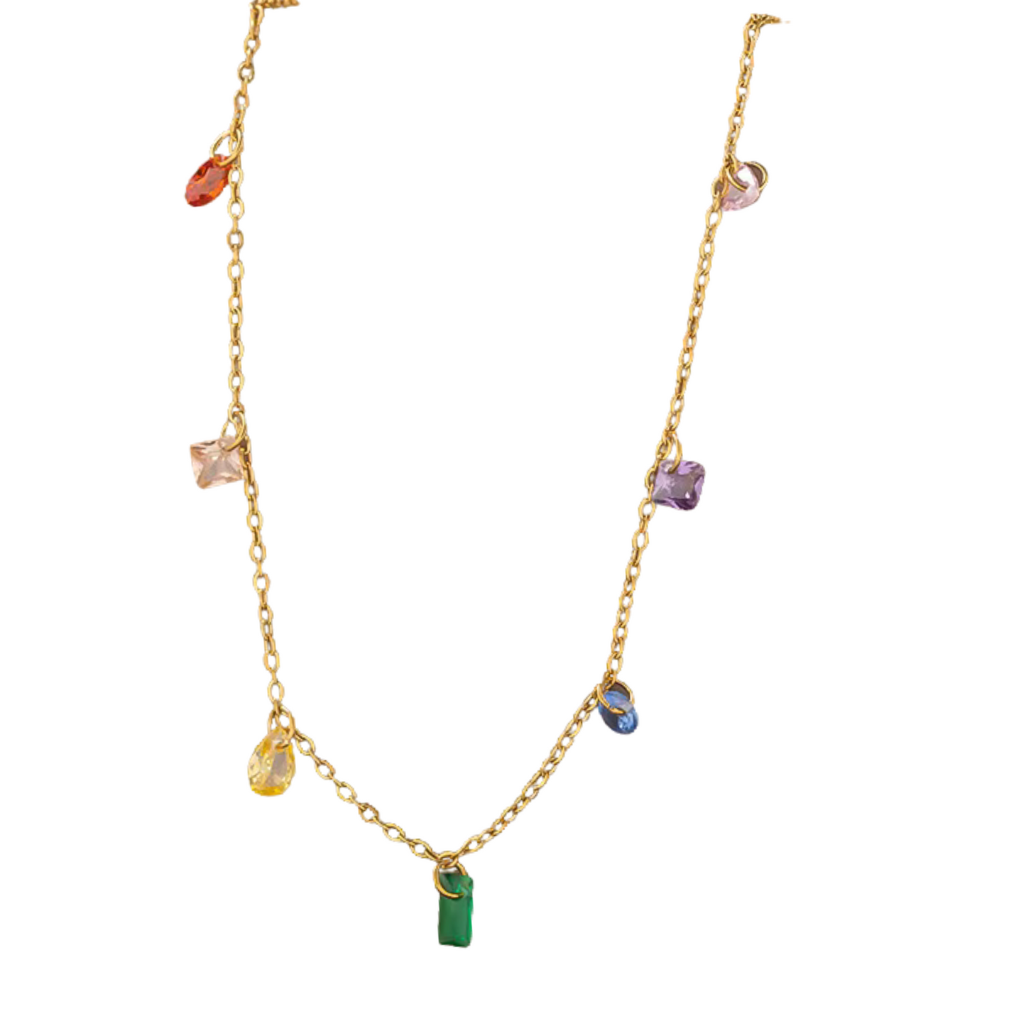 Stainless Steel Delicate Chain Rainbow Crystal Necklace