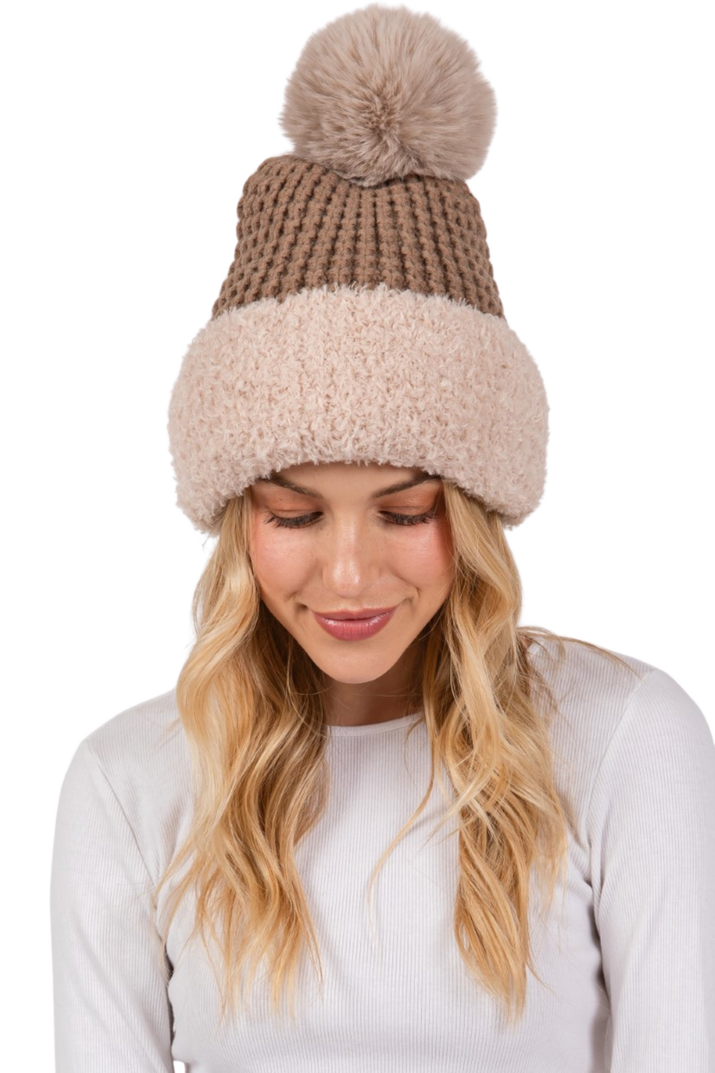 Chunky Waffle Knit Pom Pom Beanie