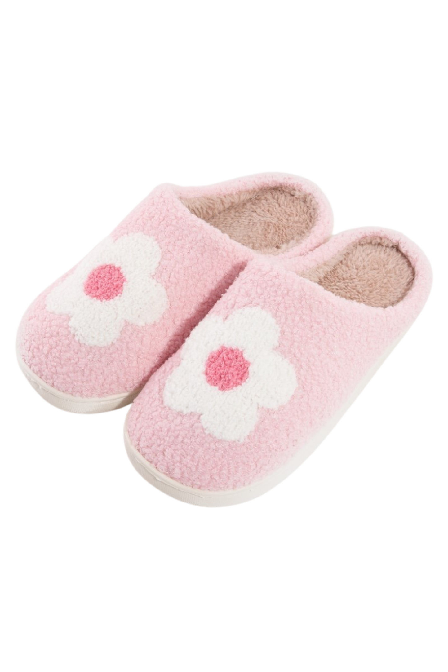 Plush Pink Slippers with White Flower