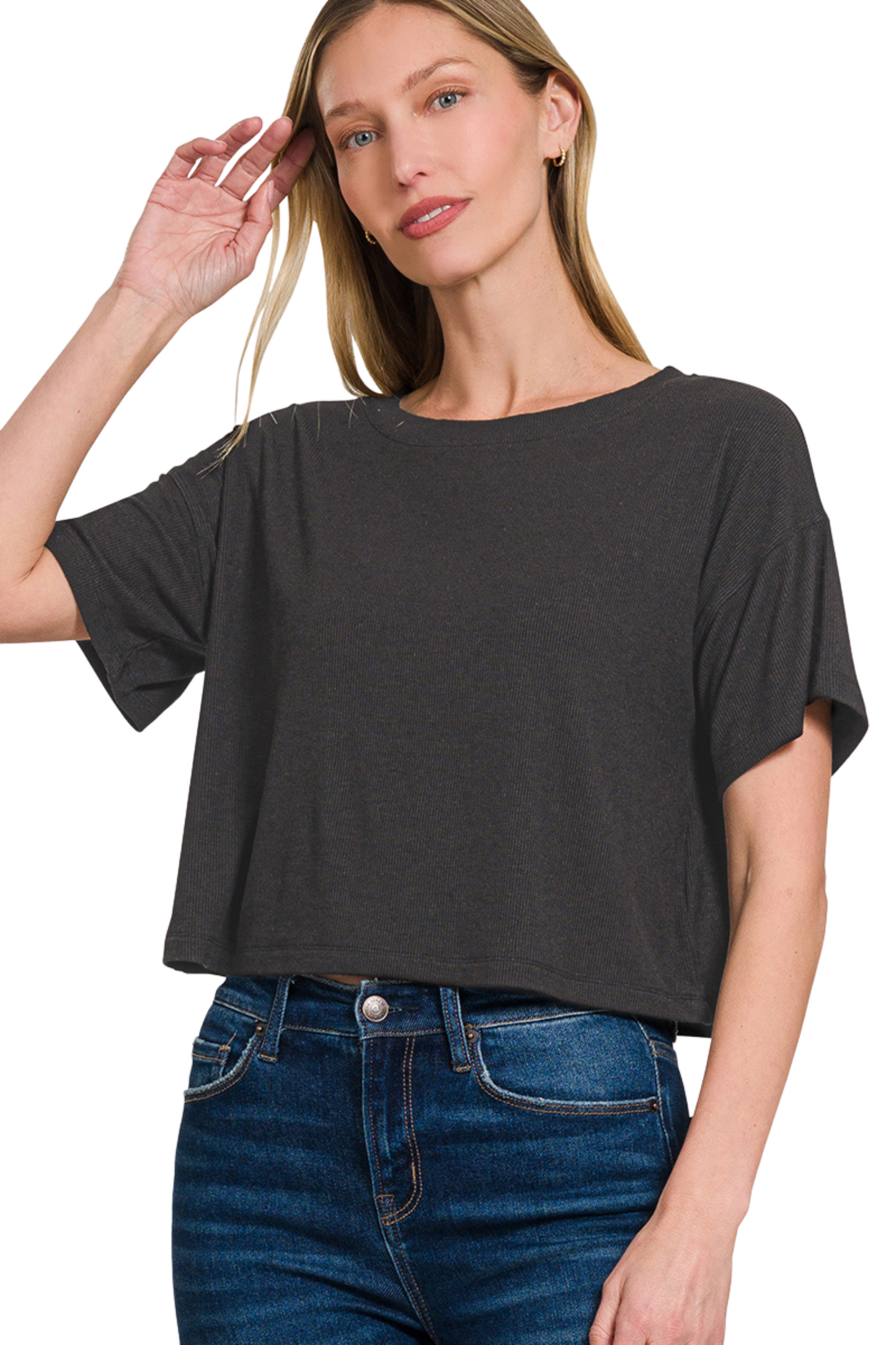 Relaxed Ribbed Cropped Round Neck Tee