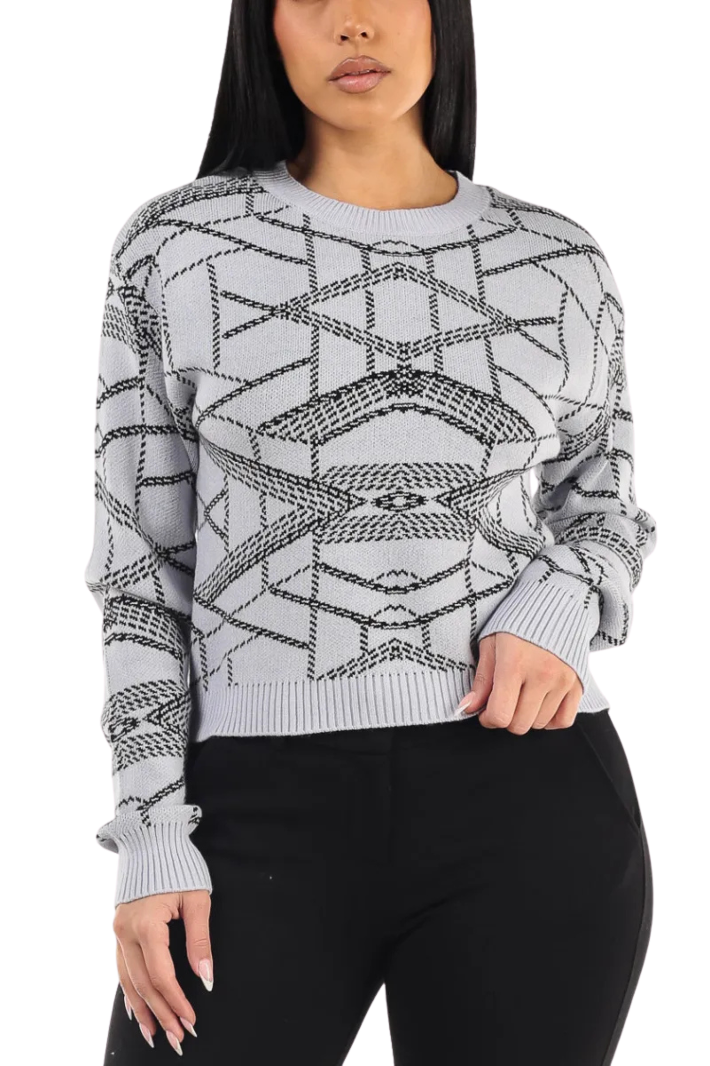 Knit Aztec Pattern Crew Neck Sweater