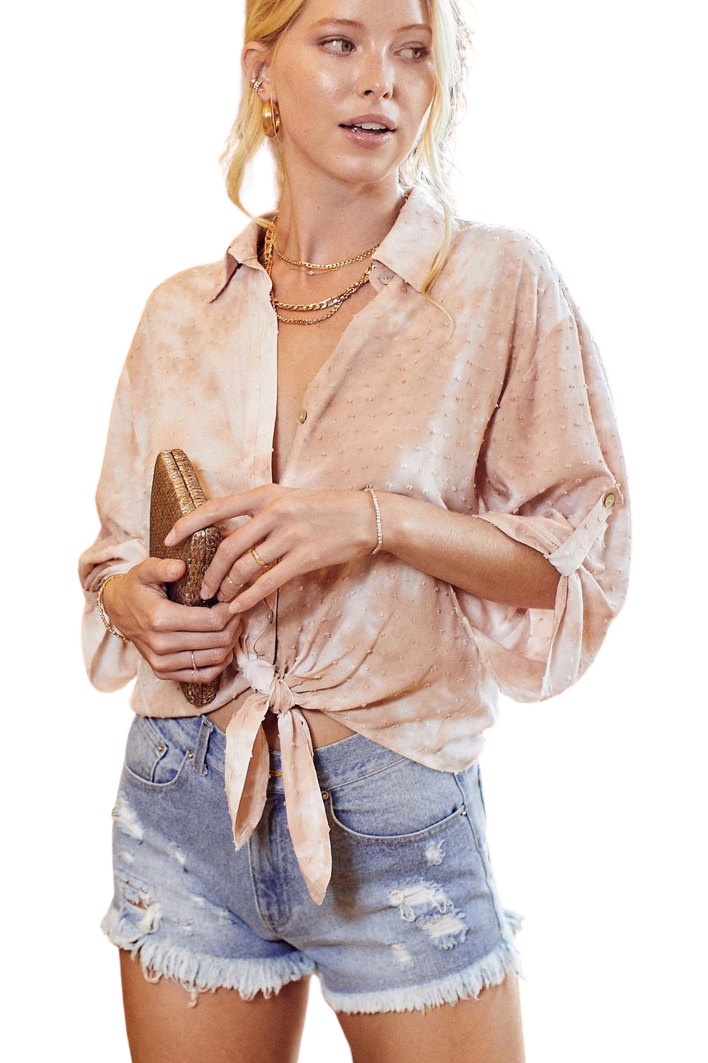 Swiss Dot Tie Dye Front Button Up Shirt with Front Tie