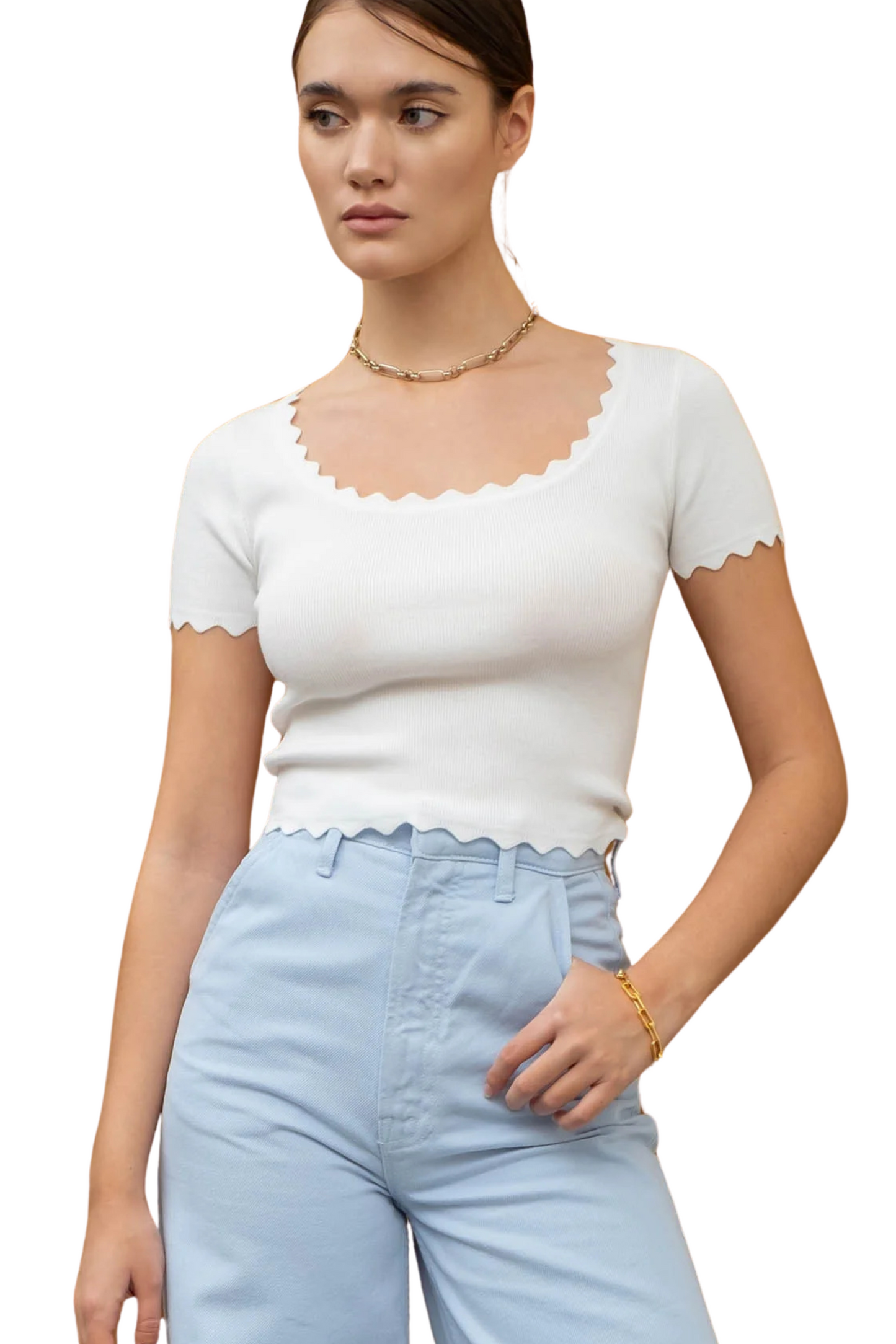 Scallop Trim Short Sleeve Ribbed Shirt