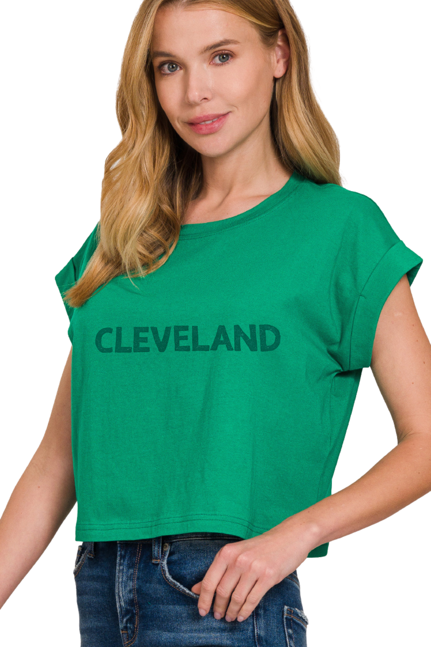 Hand Stamped Cleveland Rolled Sleeve Relaxed Cropped Tee
