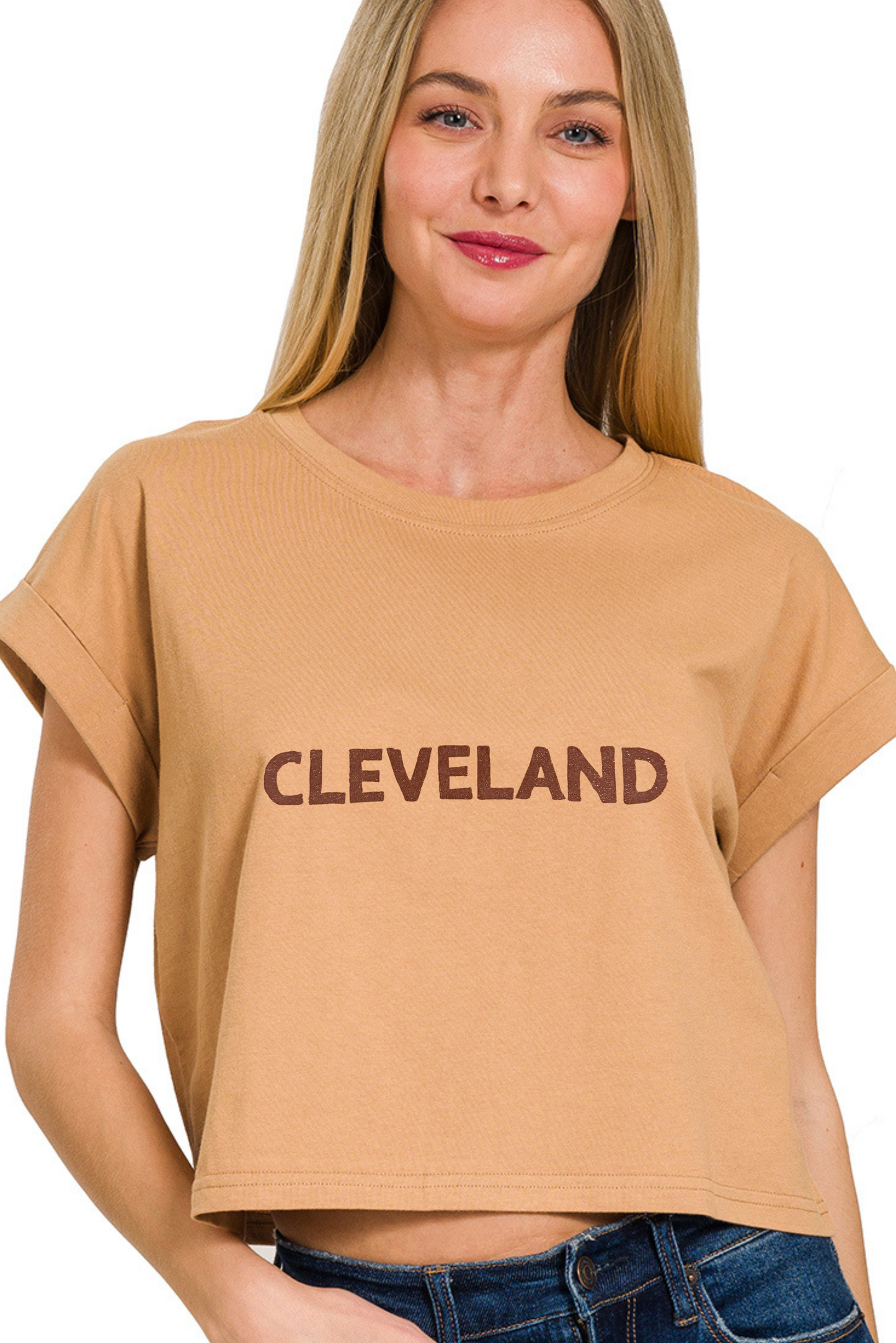 Hand Stamped Cleveland Rolled Sleeve Relaxed Cropped Tee