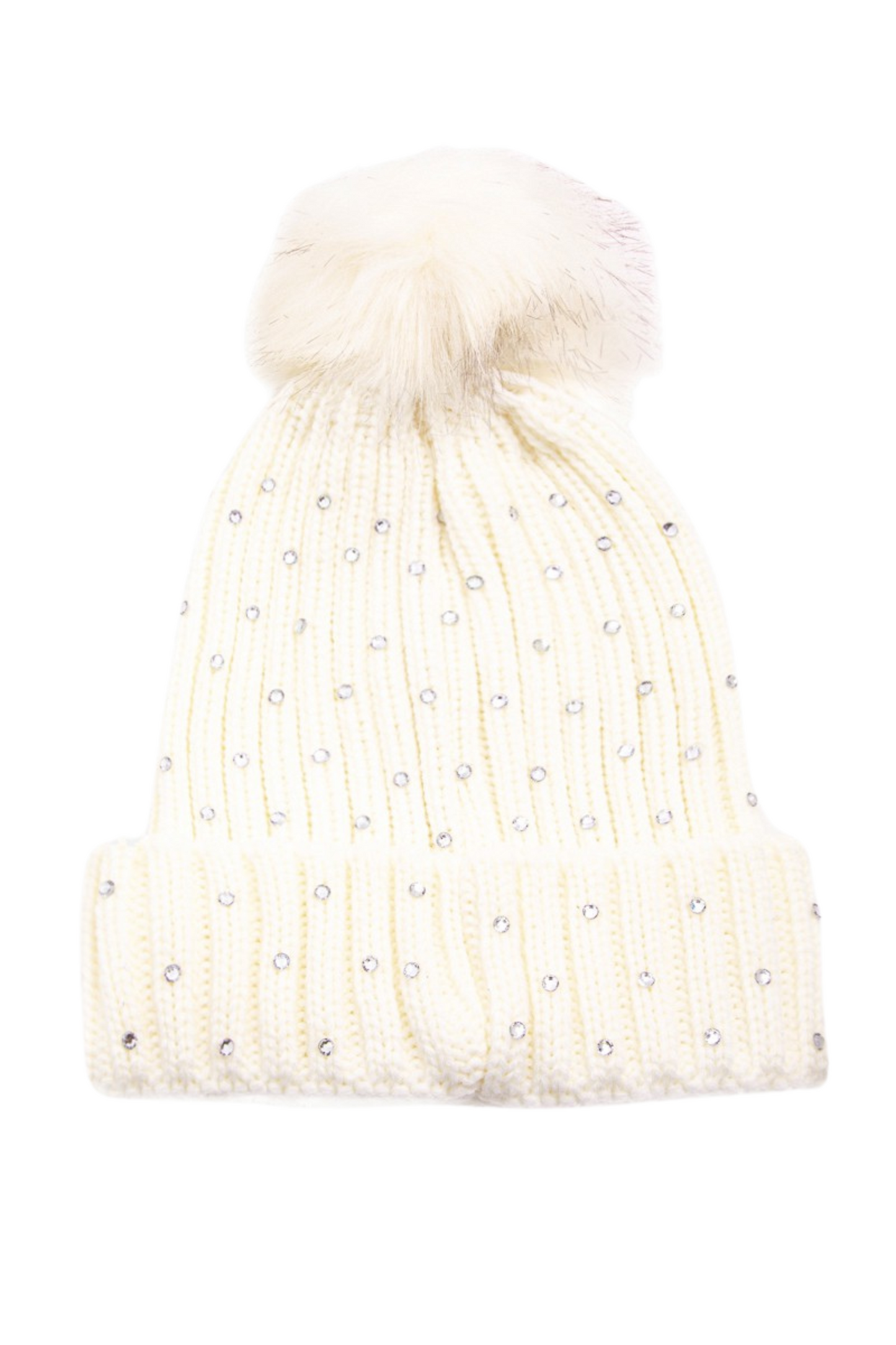Crochet Knit Rhinestone Studded Pom Beanie
