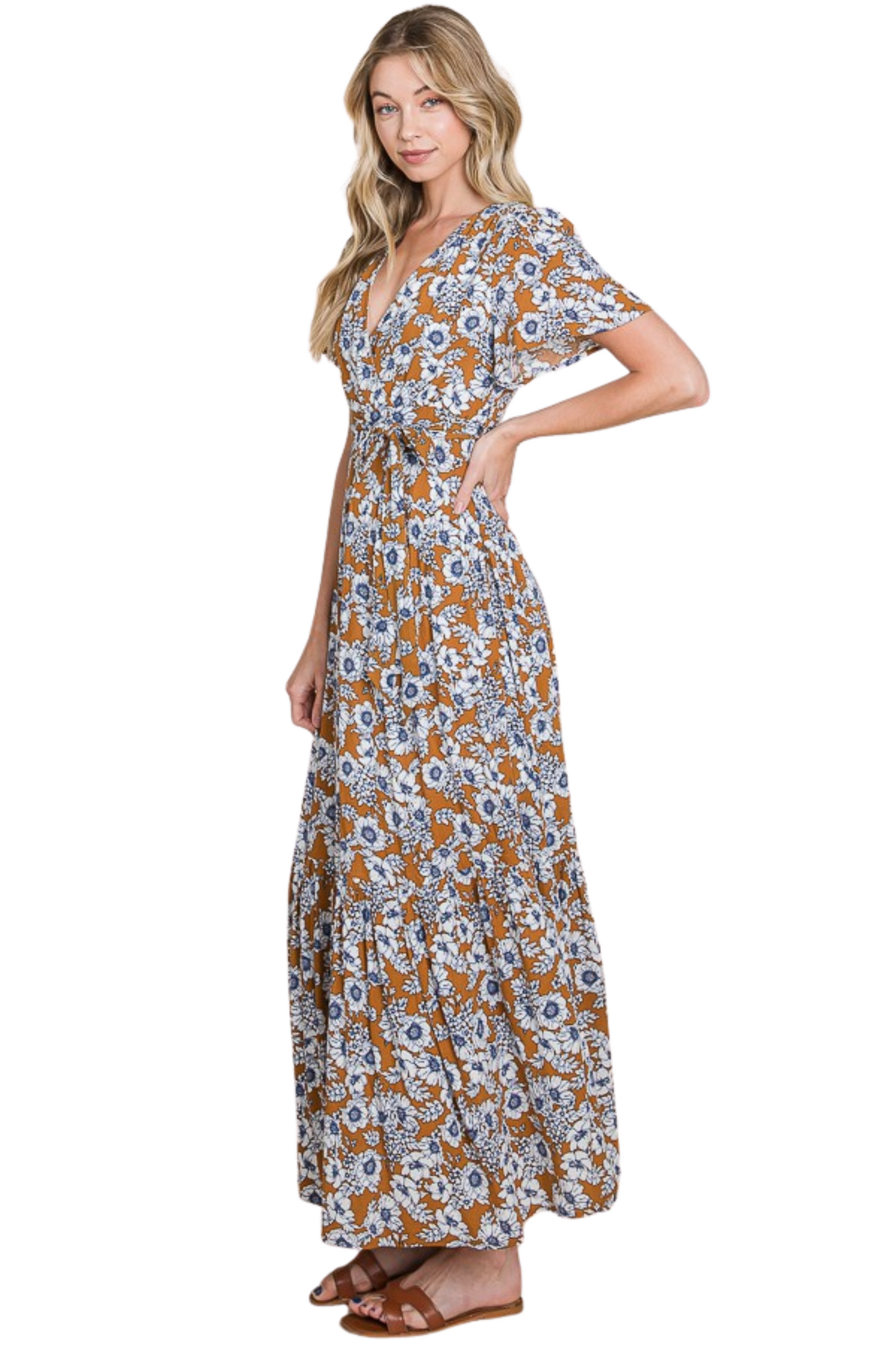 Floral Short Sleeve Maxi Dress with Tie Detail